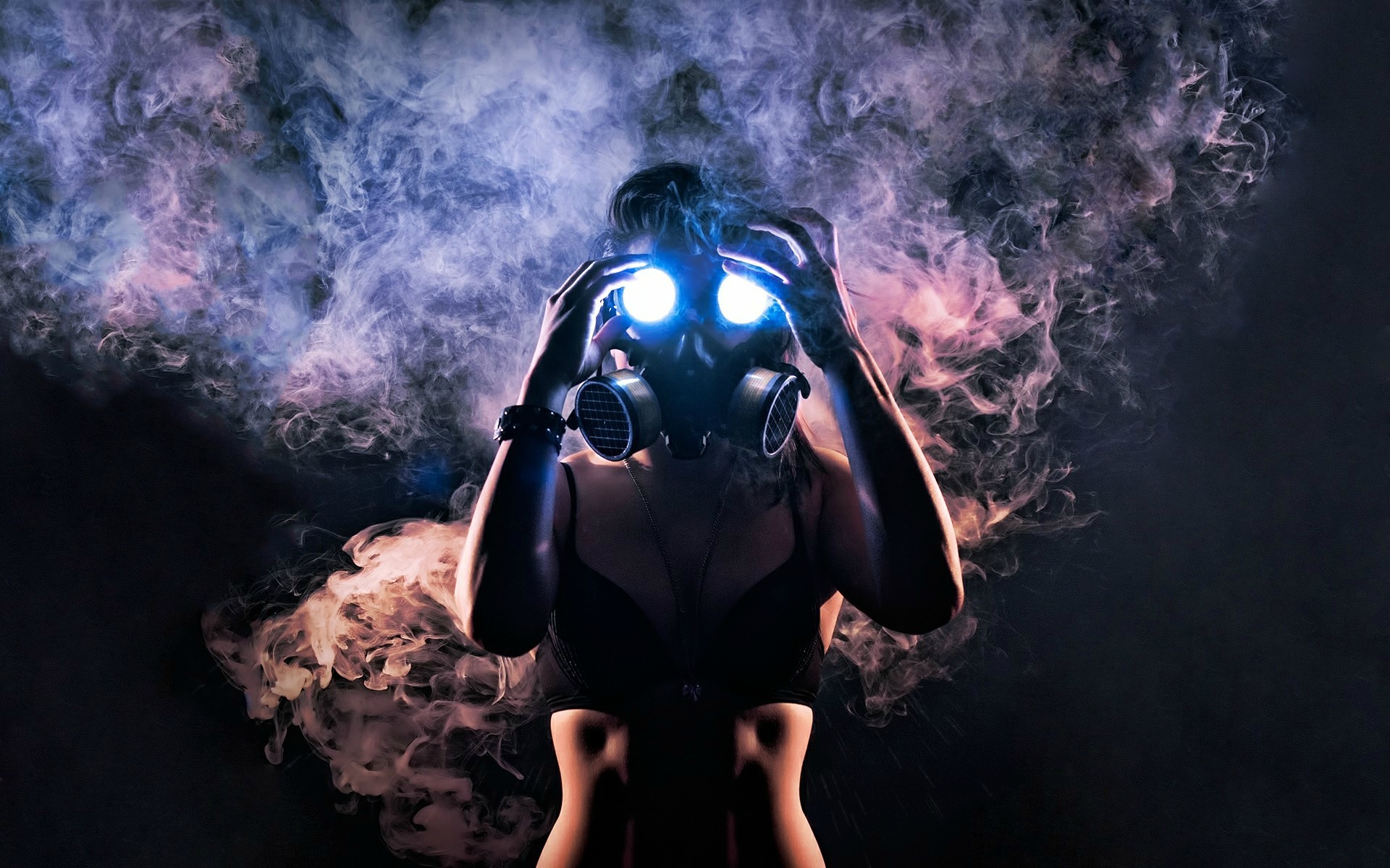 People 1920x1200 women smoke gas masks bra digital art dark mask women indoors glowing eyes model Coltography