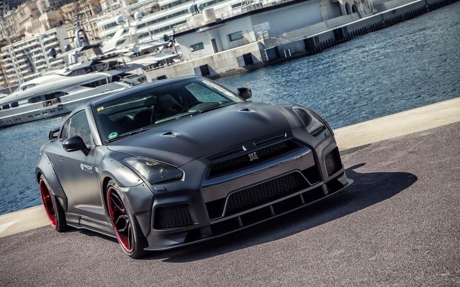 General 1920x1200 Prior Design Nissan GT-R Nissan GT-R PD750 Widebody Monaco car vehicle black cars Japanese cars Nissan frontal view sunlight water