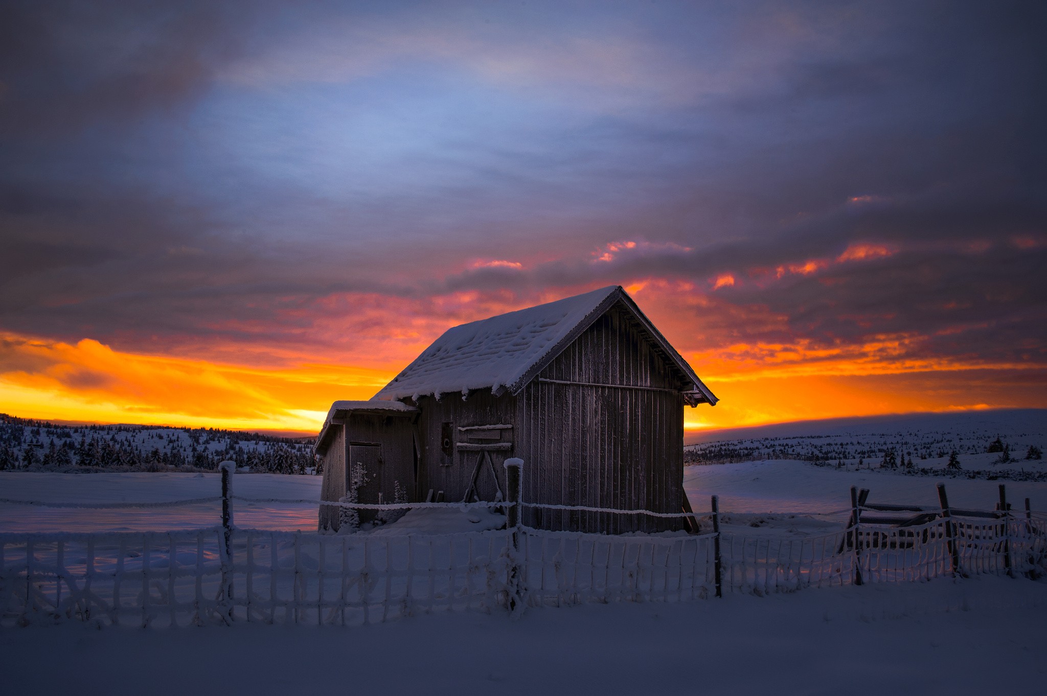 General 2048x1363 cabin winter landscape sky skyscape fence snow sunset orange sky cold nature