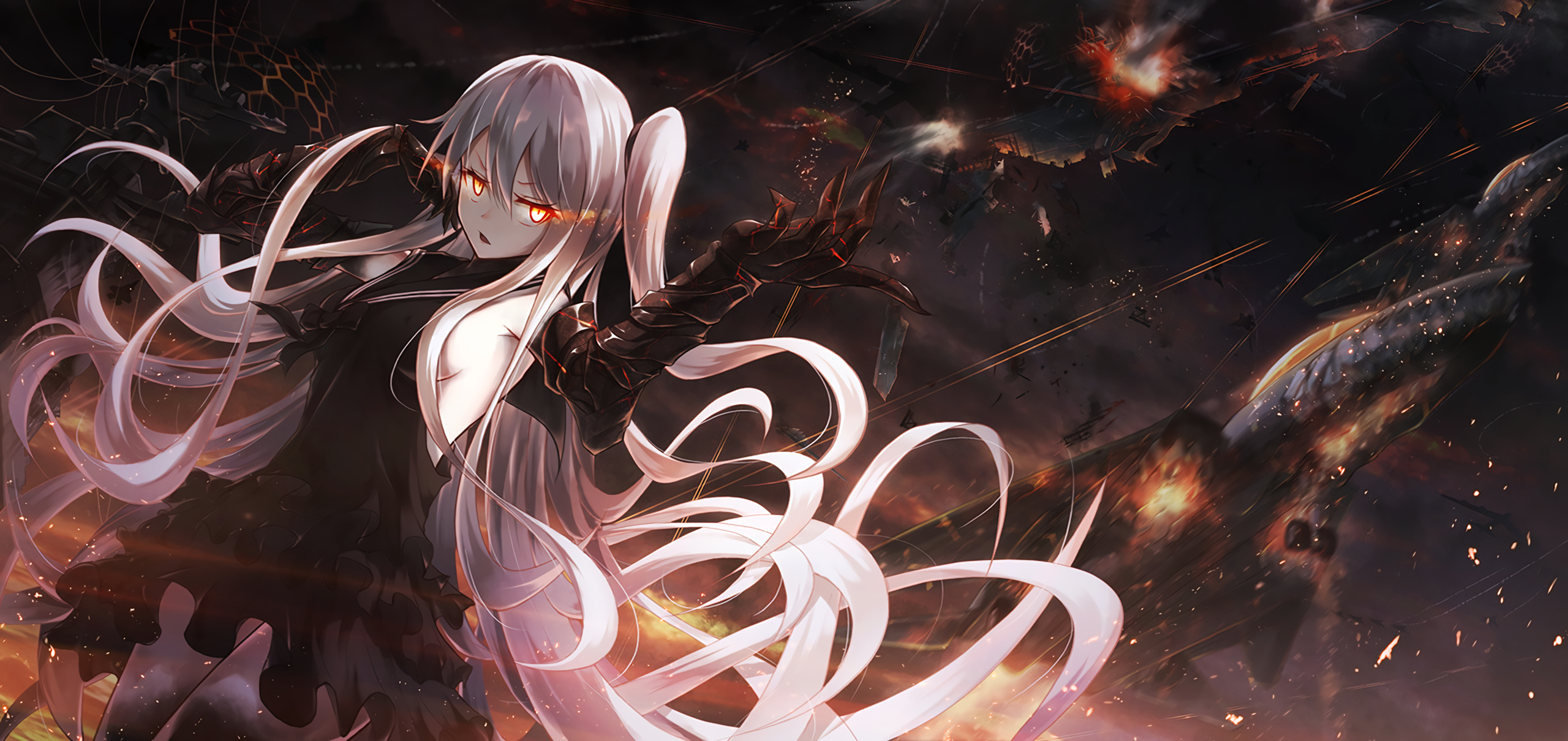 Anime 2560x1210 anime anime girls Kantai Collection gauntlets Aircraft Carrier Hime  white hair red eyes sideboob battle long hair explosion aircraft glowing eyes
