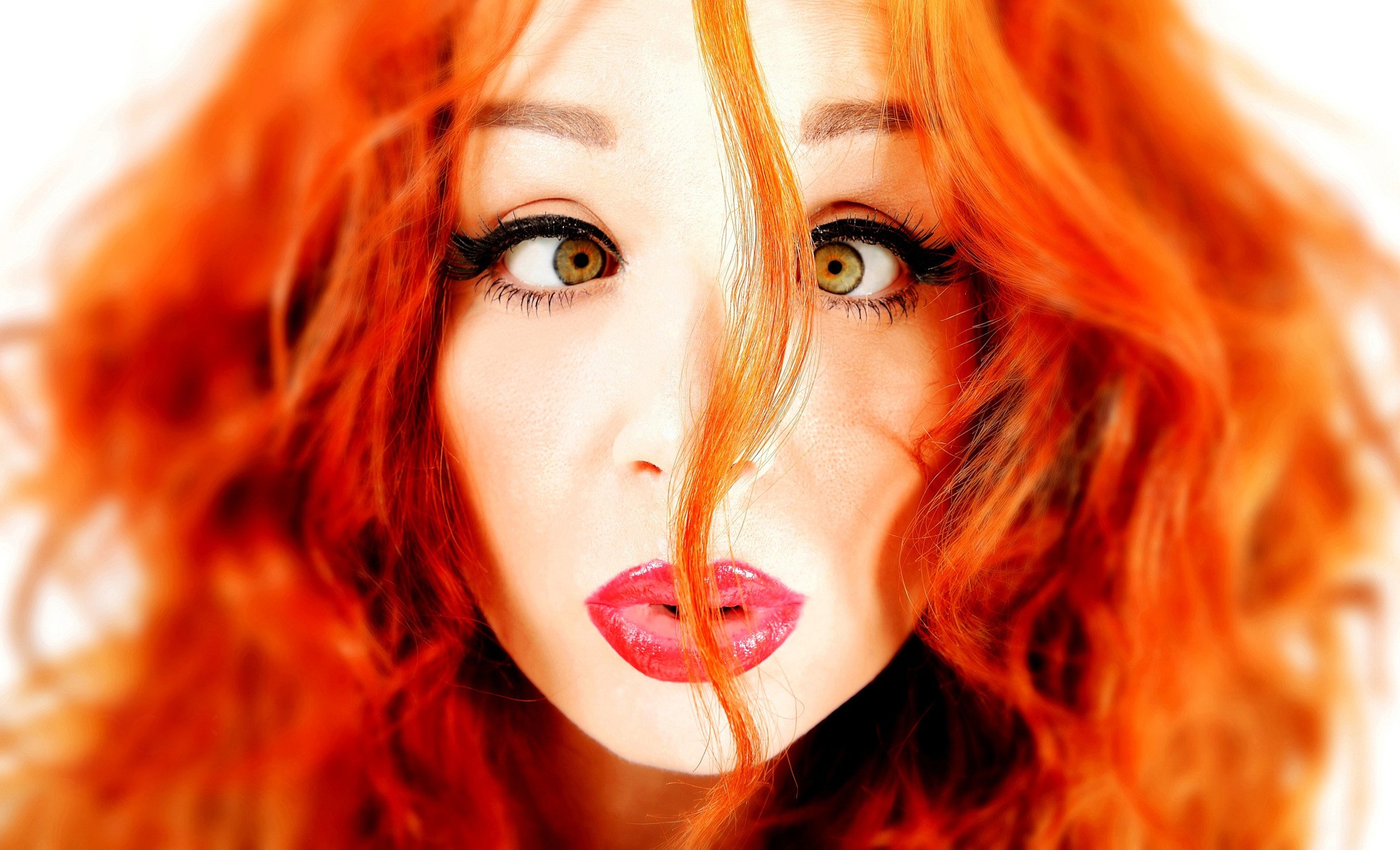 People 2048x1244 redhead face women model wacky closeup juicy lips makeup dyed hair hair in face
