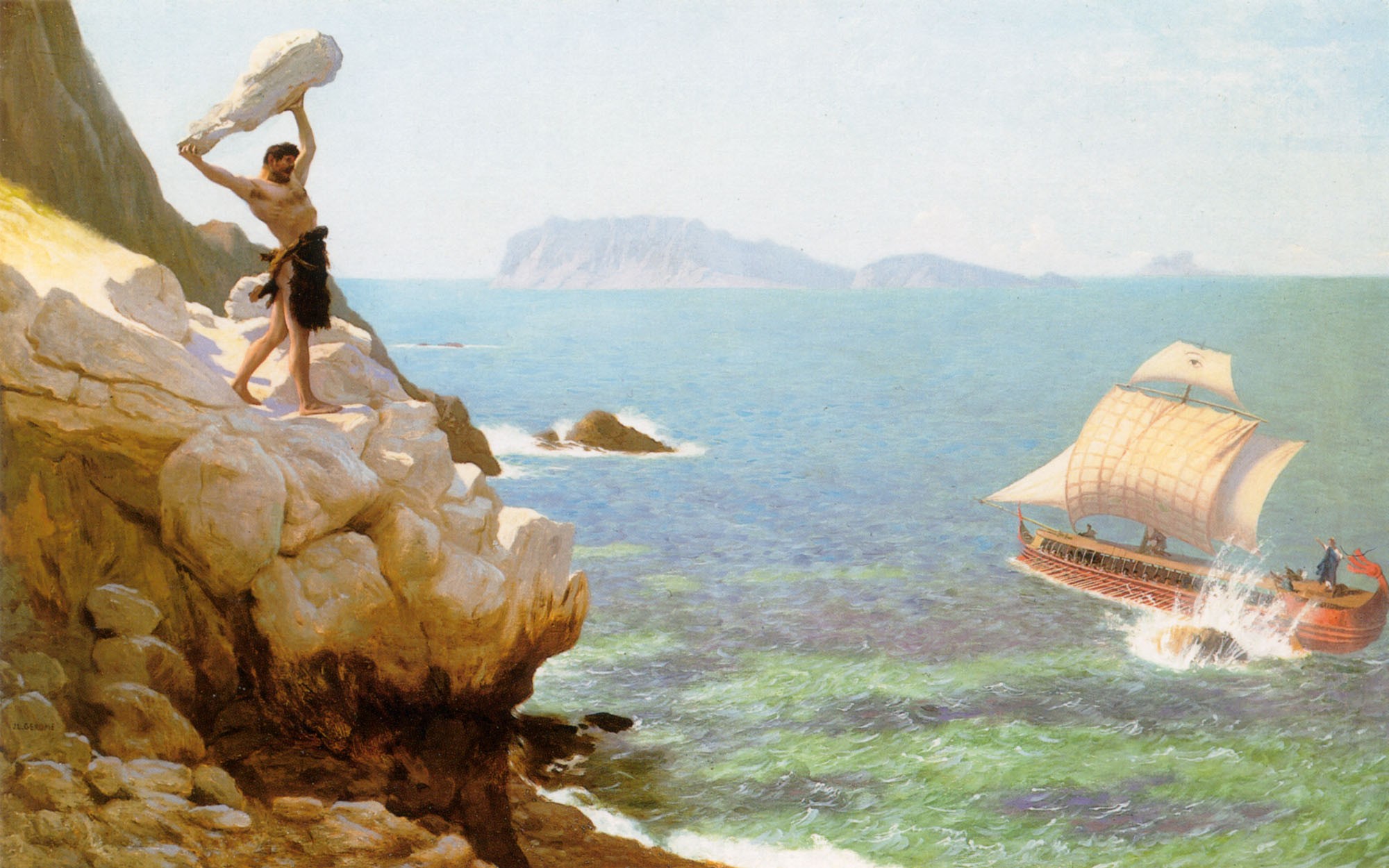 General 2000x1250 Greek mythology artwork Jean-Léon Gérôme sea ship painting rocks water boat men shirtless men outdoors