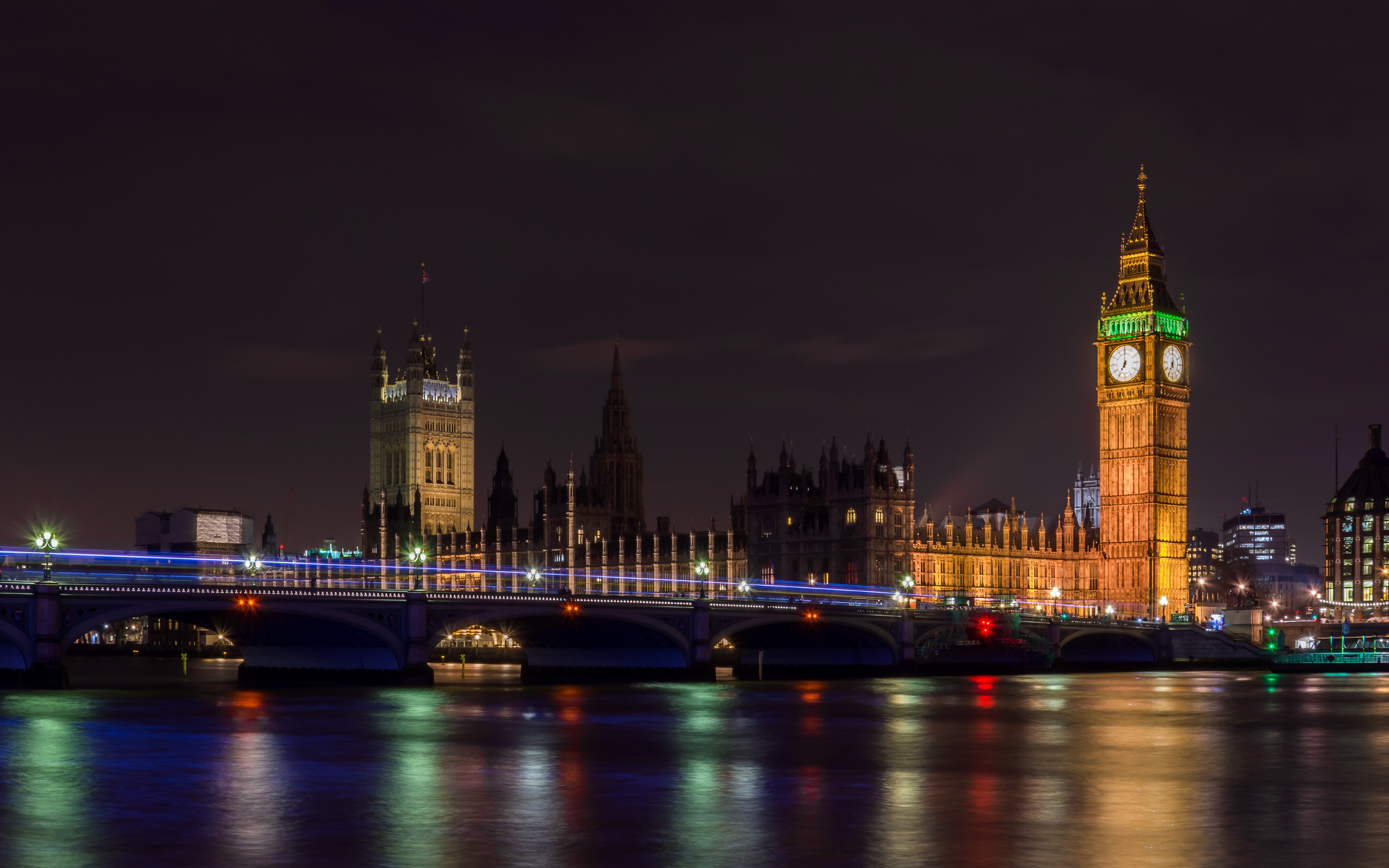 General 3840x2400 London Big Ben Westminster night city lights long exposure River Thames UK England landmark Europe