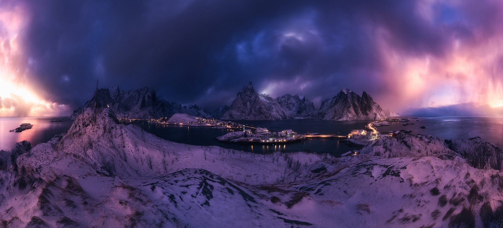General 2000x907 nature landscape Reine Lofoten Norway panorama winter lights snow mountains sea clouds sky cold