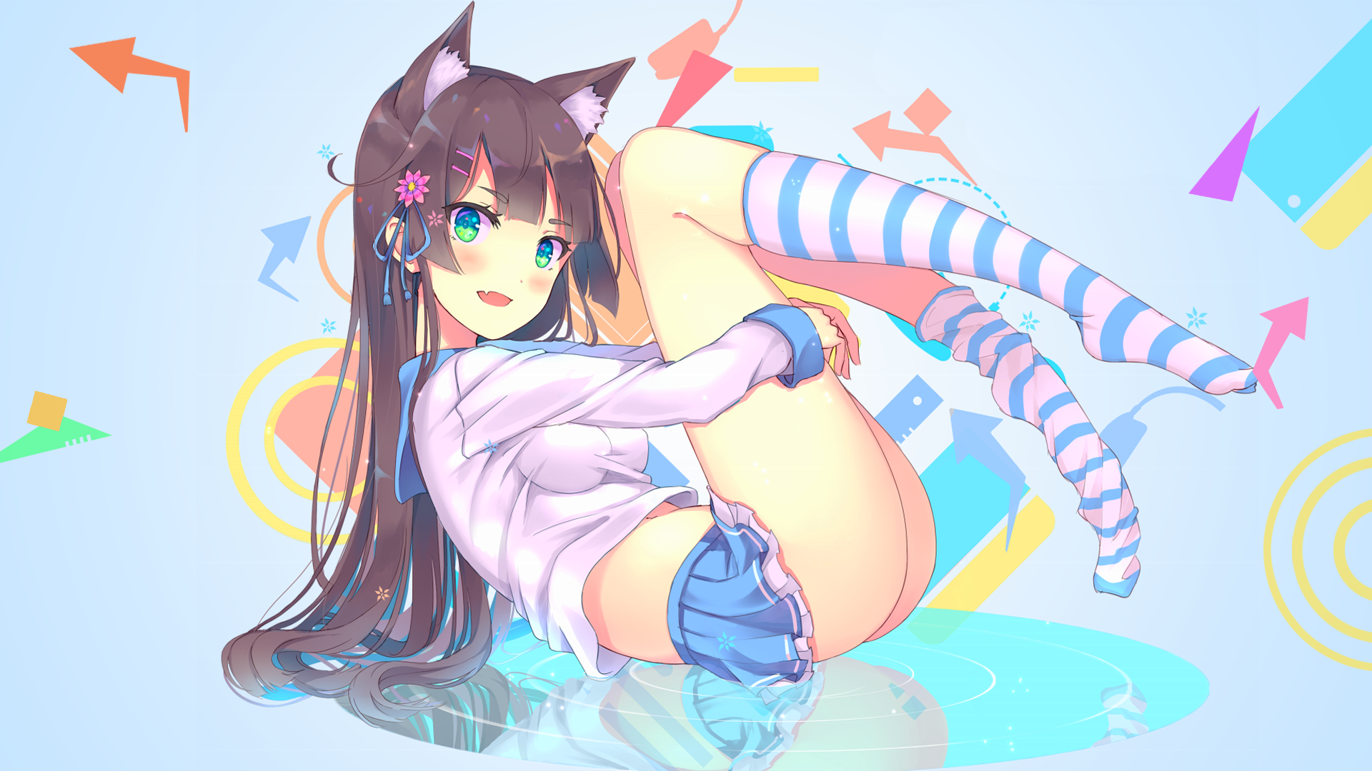 Anime 1920x1080 anime anime girls original characters skirt miniskirt brunette animal ears looking at viewer smiling cat girl socks striped socks knee high socks arms under knees pulling socks legs up bent legs feet in the air pointed toes pleated skirt legs together ass Pixiv striped stockings arrow (design)