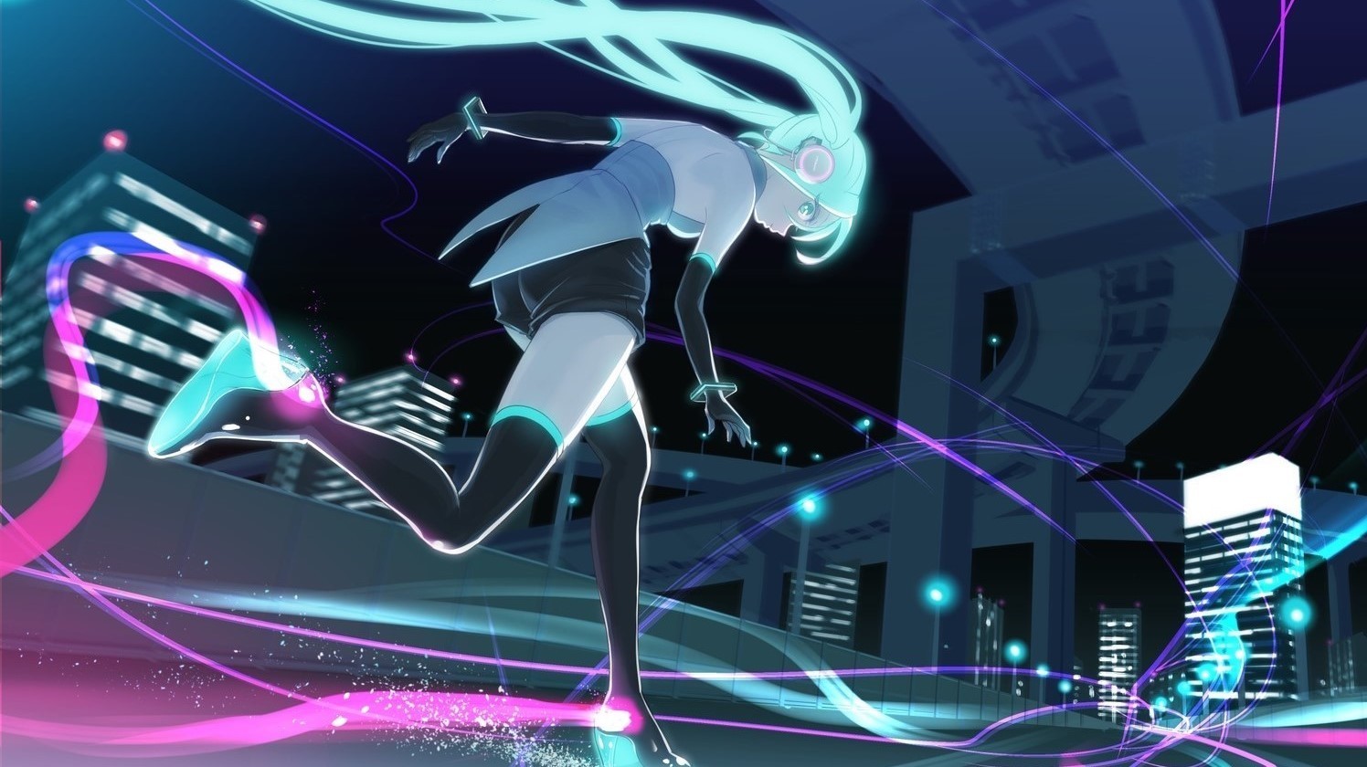 Anime 1496x840 Vocaloid thigh-highs twintails cyan anime stockings cyan hair long hair anime girls