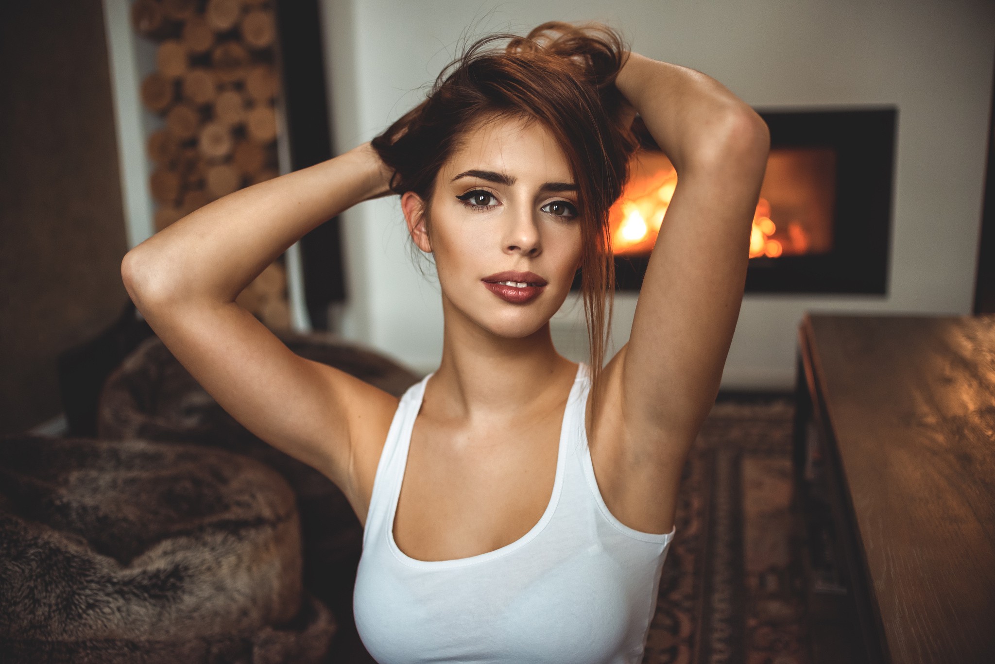 People 2048x1367 women looking at viewer armpits face portrait Miro Hofmann tank top arms up white tops makeup red lipstick women indoors indoors model