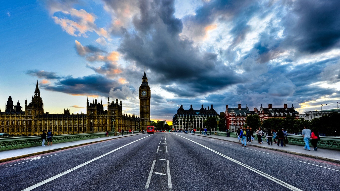 General 1366x768 city London UK street sky Big Ben asphalt England people urban outdoors clouds