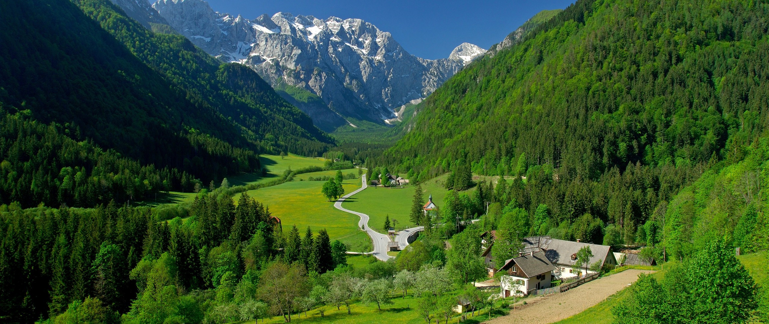 General 2560x1080 landscape valley village Alps mountains nature