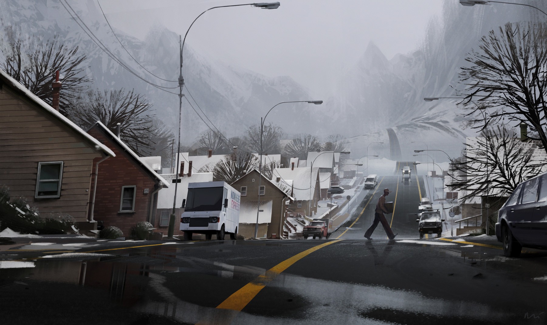 General 1800x1069 mountains mist snow wet street urban street artwork