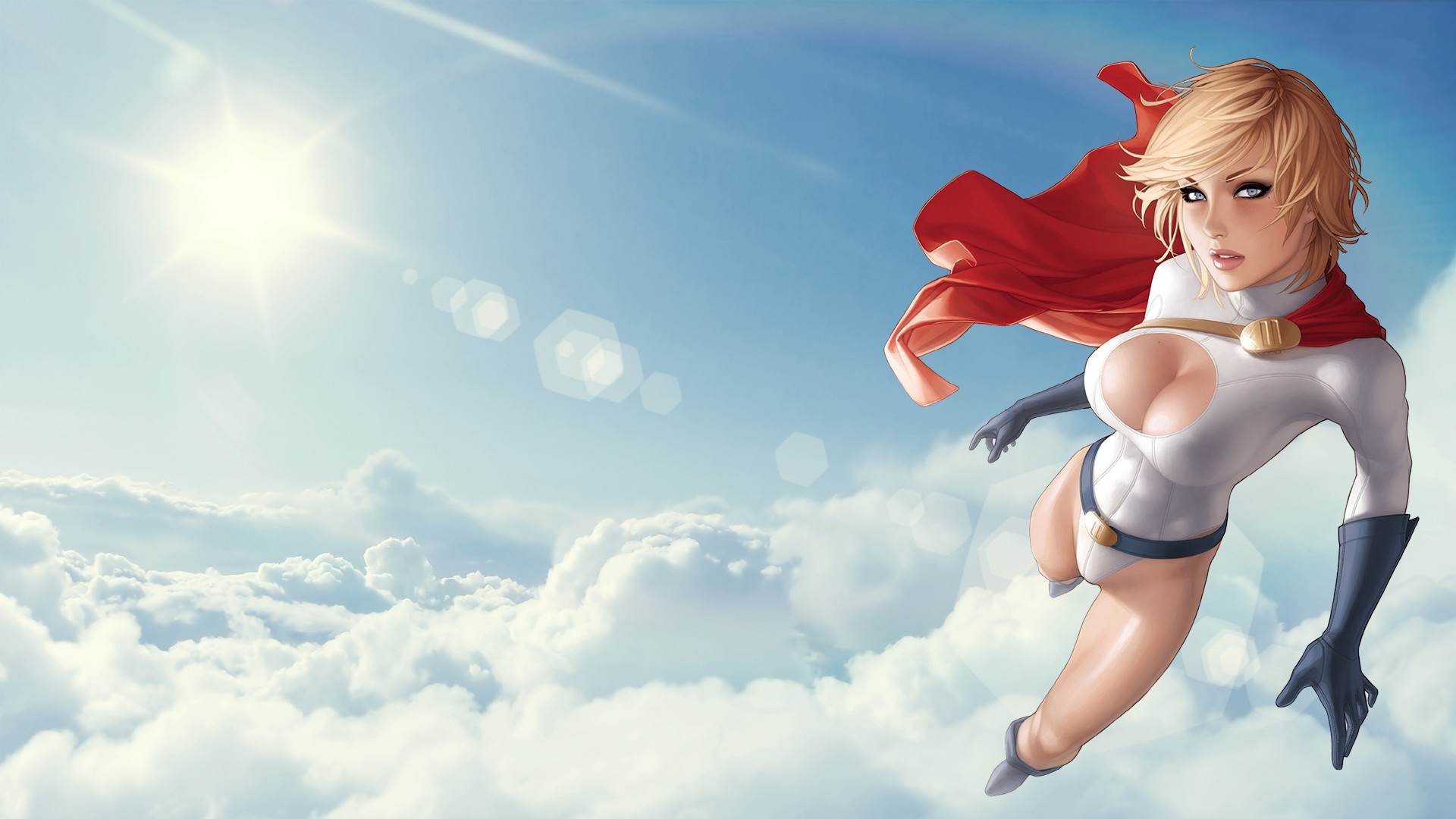 General 1920x1080 Power Girl flying women boobs big boobs sky Sun clouds superheroines cape looking at viewer