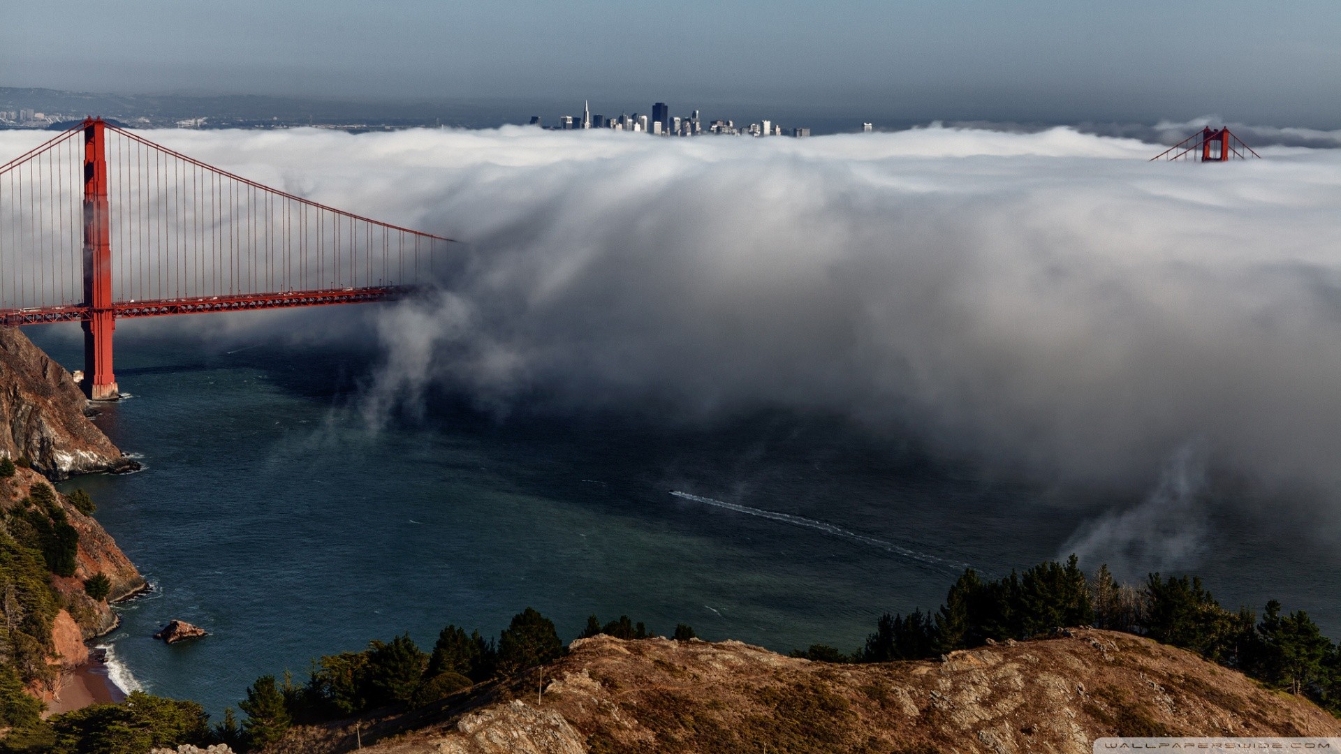 General 1920x1080 bridge Golden Gate Bridge San Francisco clouds landscape suspension bridge USA watermarked
