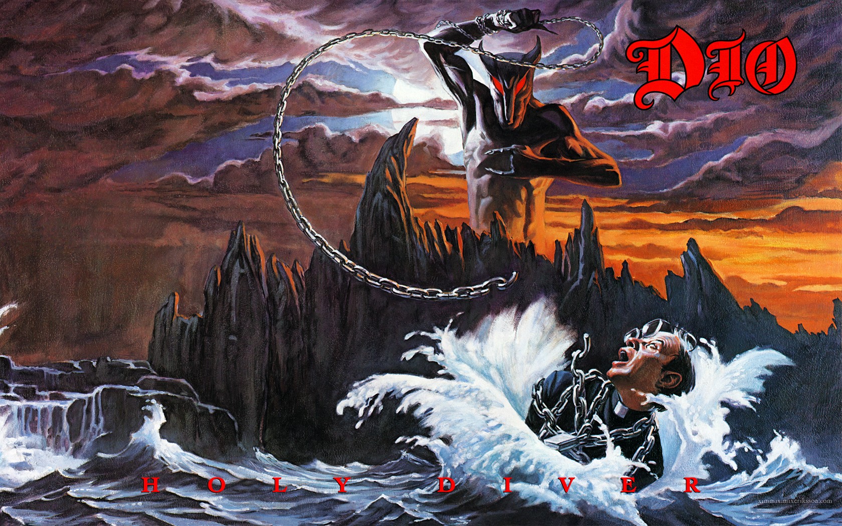 General 1680x1050 heavy metal album covers cover art traditional heavy metal Dio fantasy art drowning artwork traditional art metal horns hand gesture chains metal music rock music horns in water horror creature backlighting waves men with glasses men open mouth music