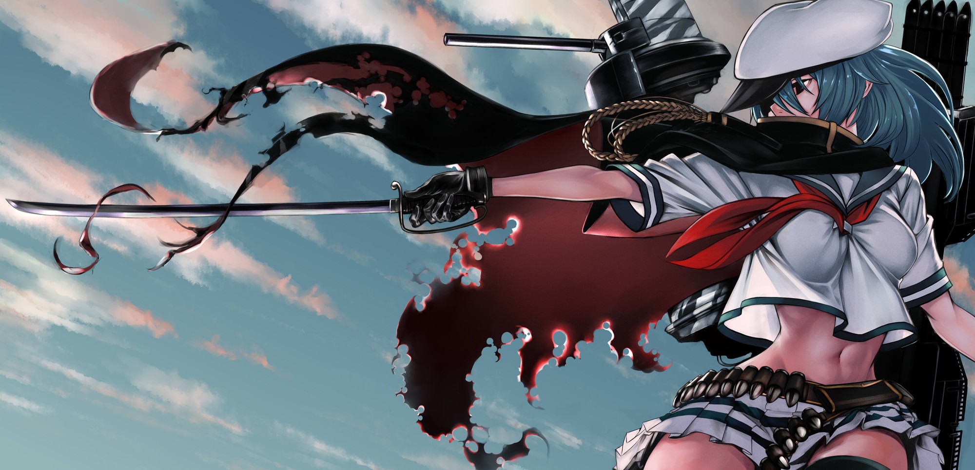 Anime 2000x964 anime girls anime short hair tank top weapon sword torn clothes miniskirt Kantai Collection Kiso (KanColle) women with swords belly