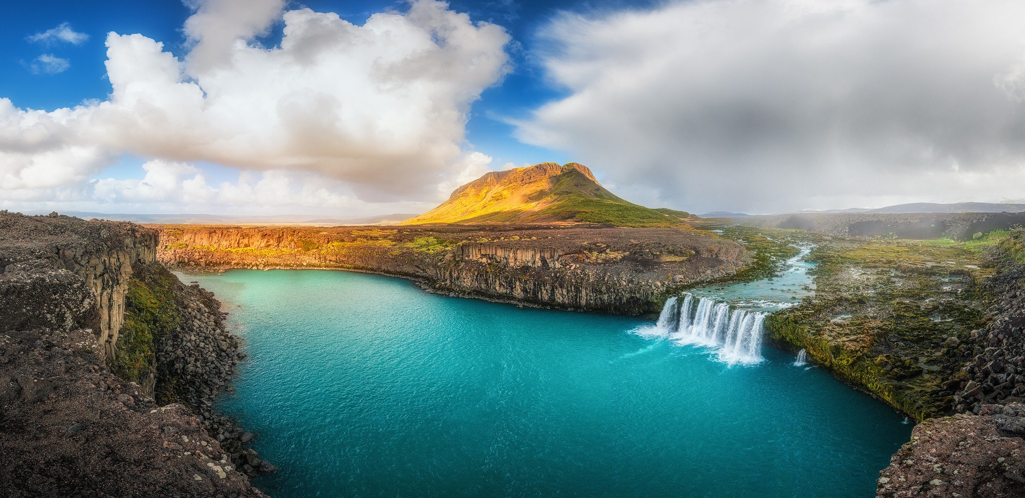 General 2048x995 waterfall summer Iceland river clouds cliff panorama water hills nature landscape nordic landscapes