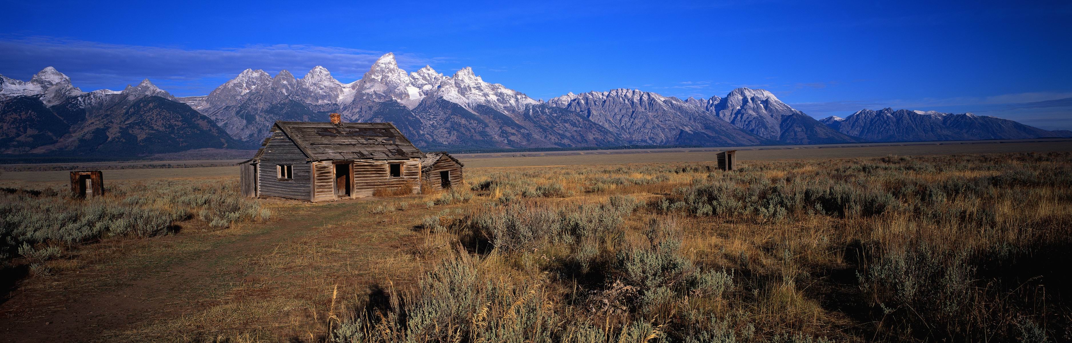 General 3750x1200 landscape dual monitors cabin abandoned mountains plains Grand Teton National Park Wyoming USA ruins mountain pass multiple display