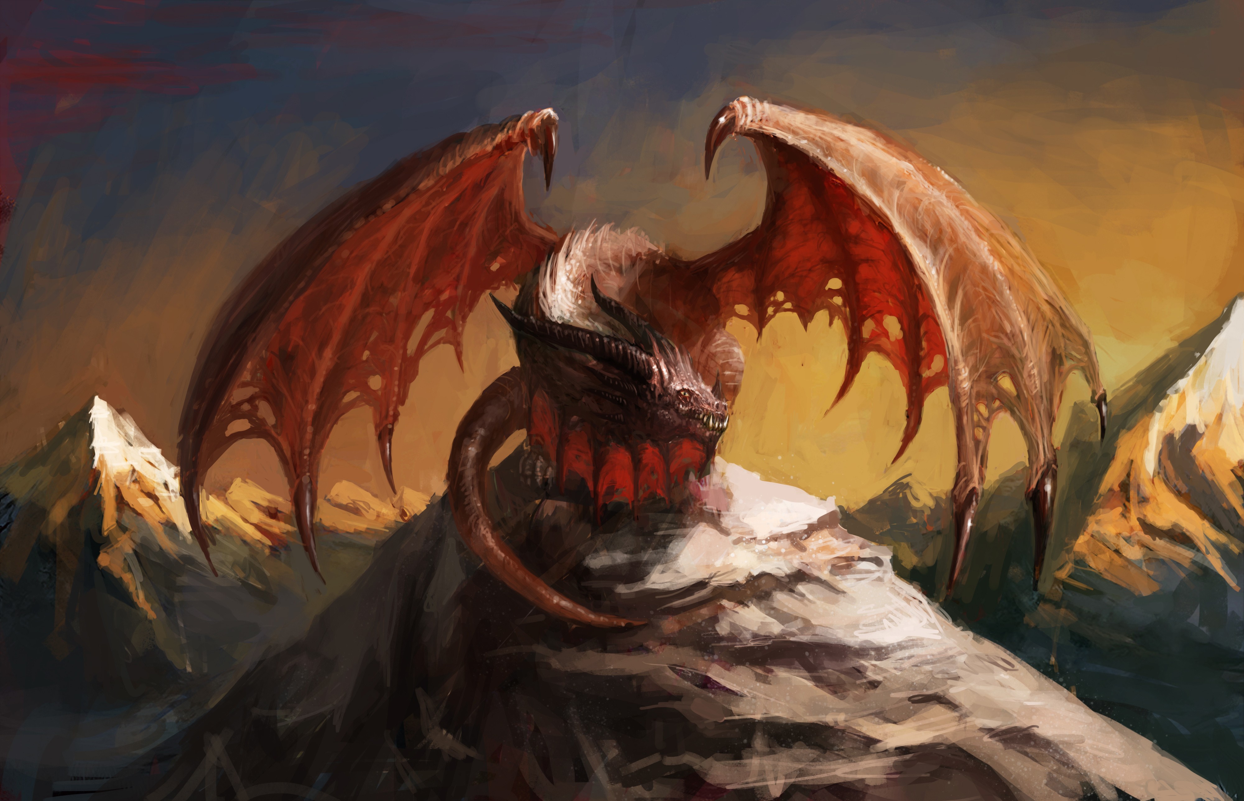 General 4000x2576 fantasy art digital art dragon creature mountains wings