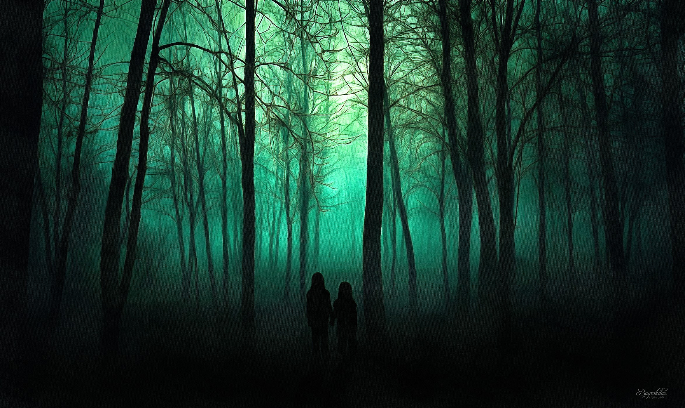 General 2348x1397 trees spooky dark artwork green nature outdoors low light watermarked