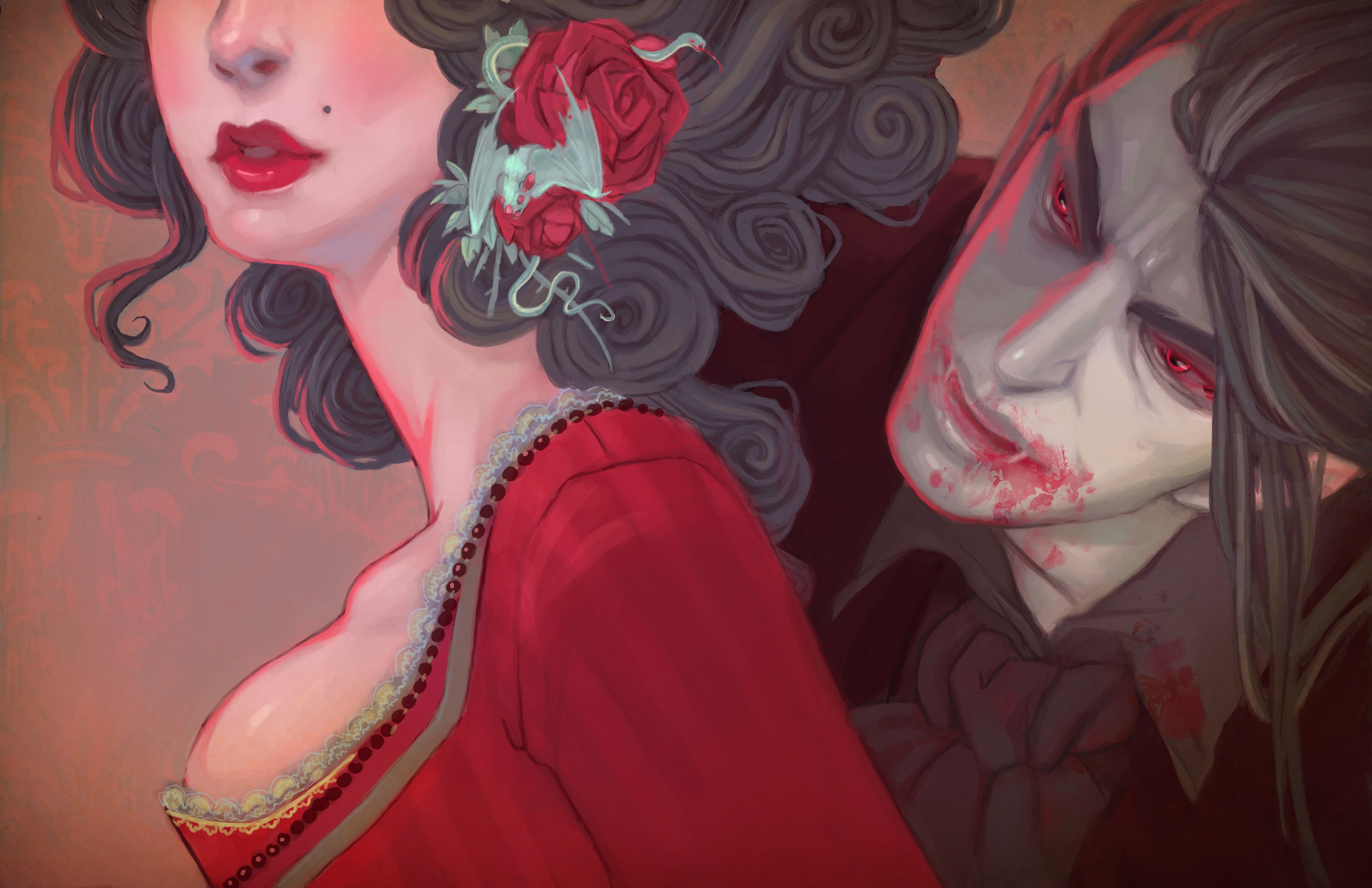 General 5100x3300 artwork vampires fantasy art blood fantasy girl flower in hair red eyes Dracula women men boobs red lipstick