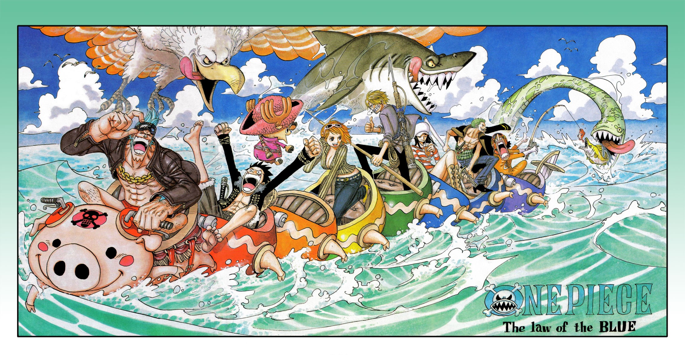 Anime 2272x1200 One Piece Nami Monkey D. Luffy Frankie Tony Tony Chopper Sanji Nico Robin Roronoa Zoro Usopp sea monsters sea fish shark birds