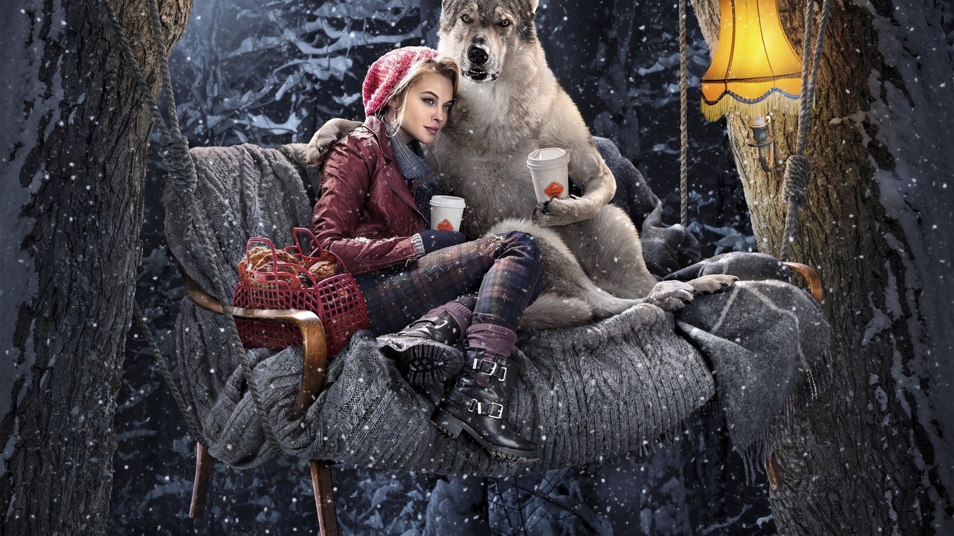 General 1920x1080 winter women model fantasy girl animals sitting hat snow boots lamp digital art