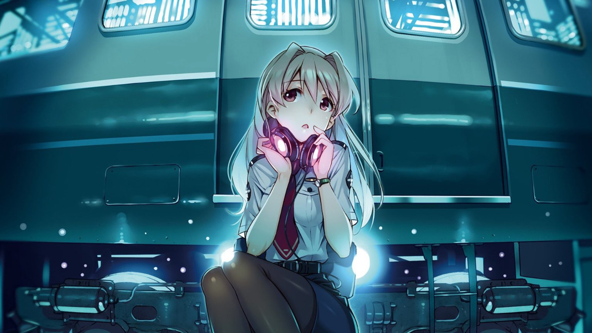 Anime 1920x1080 Rail Wars Koumi Haruka anime girls anime headphones knees together train vehicle long hair sitting cyan