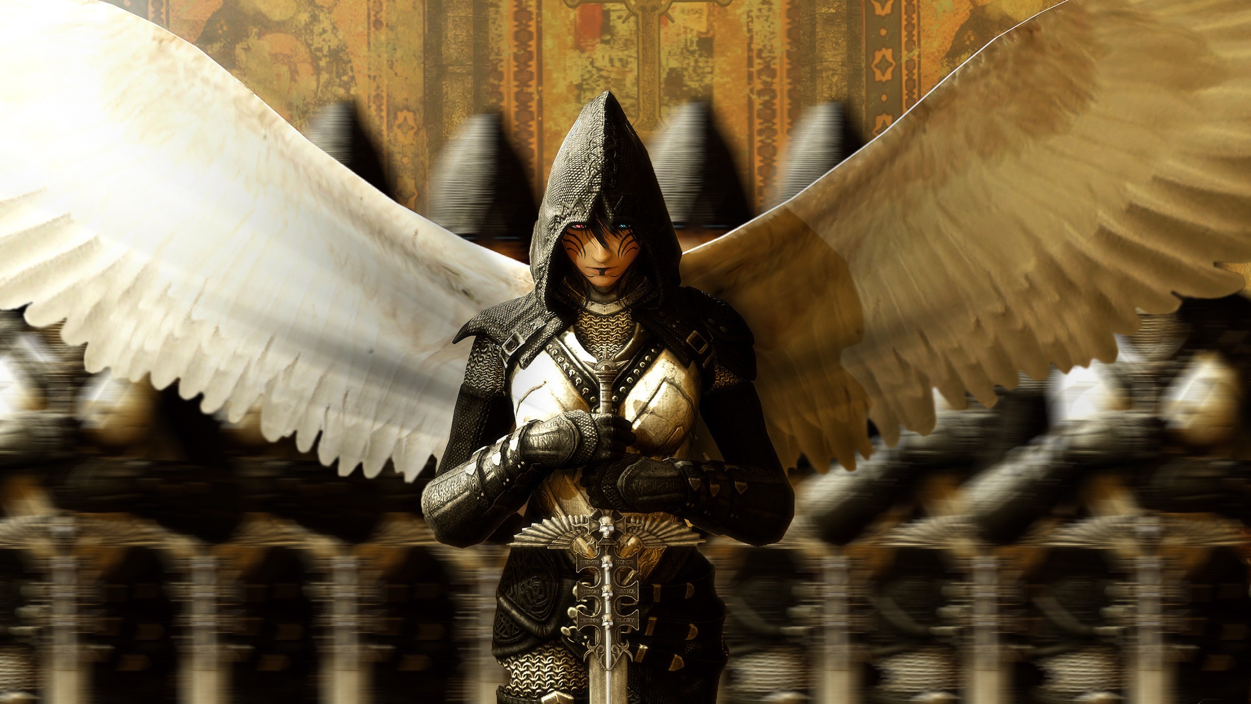 General 2560x1440 angel fantasy art fantasy girl wings women hoods sword women with swords weapon heterochromia digital art