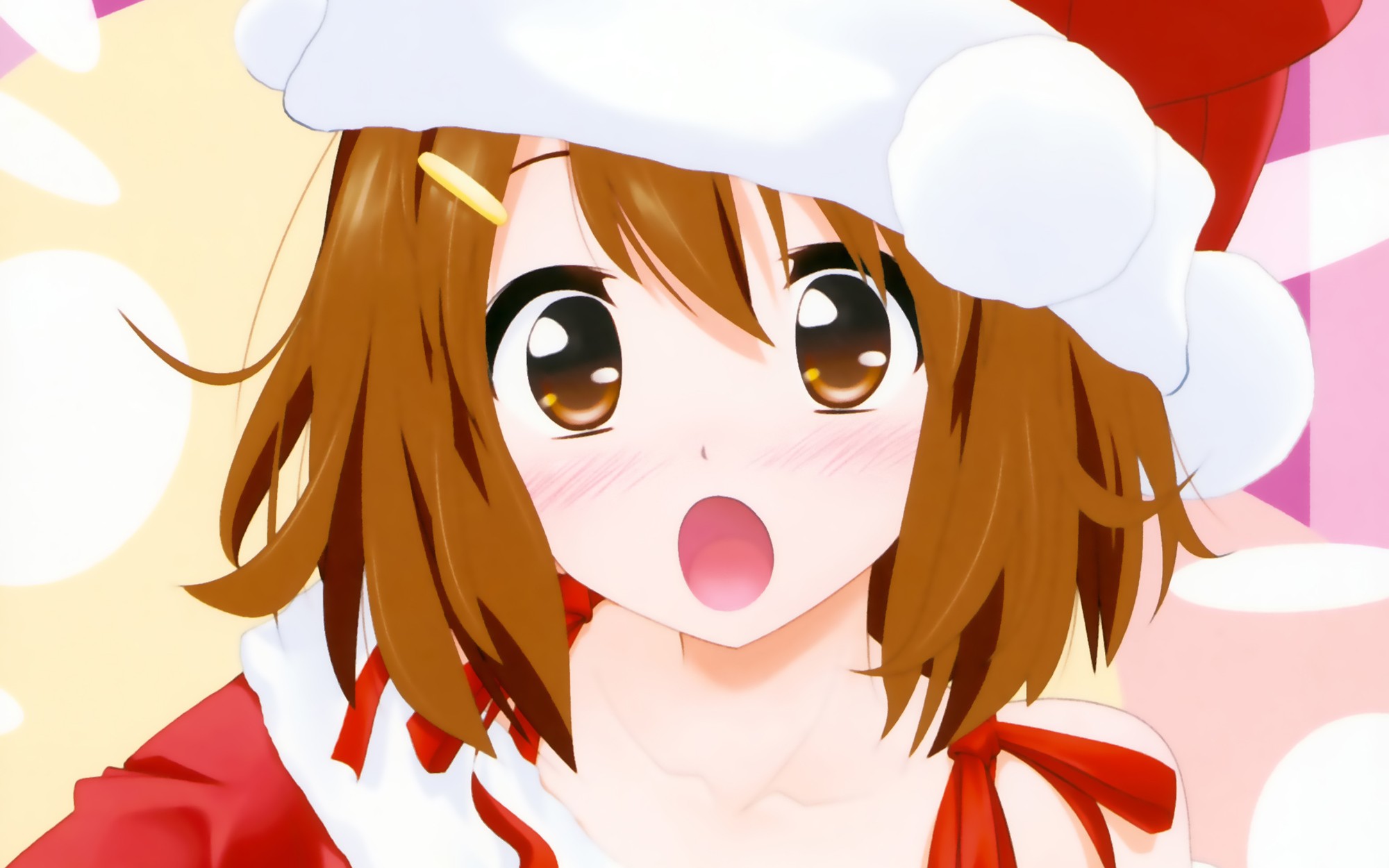 Anime 2000x1250 K-ON! Hirasawa Yui anime anime girls Christmas open mouth Santa hats brunette brown eyes looking at viewer