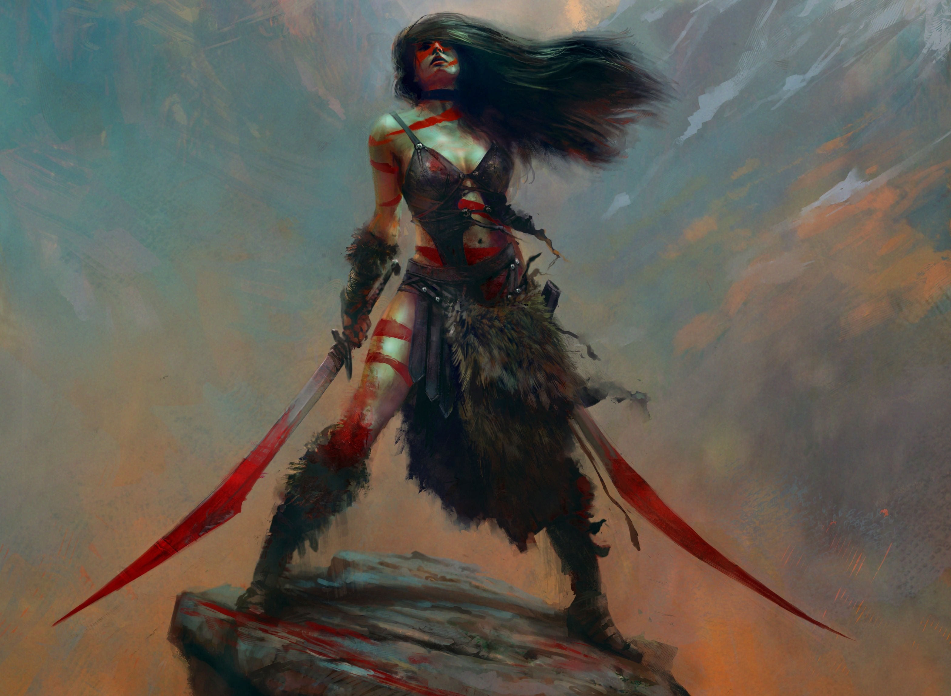 General 3136x2296 artwork fantasy art digital art warrior sword women fantasy girl women with swords dark hair long hair standing Maciej Kuciara