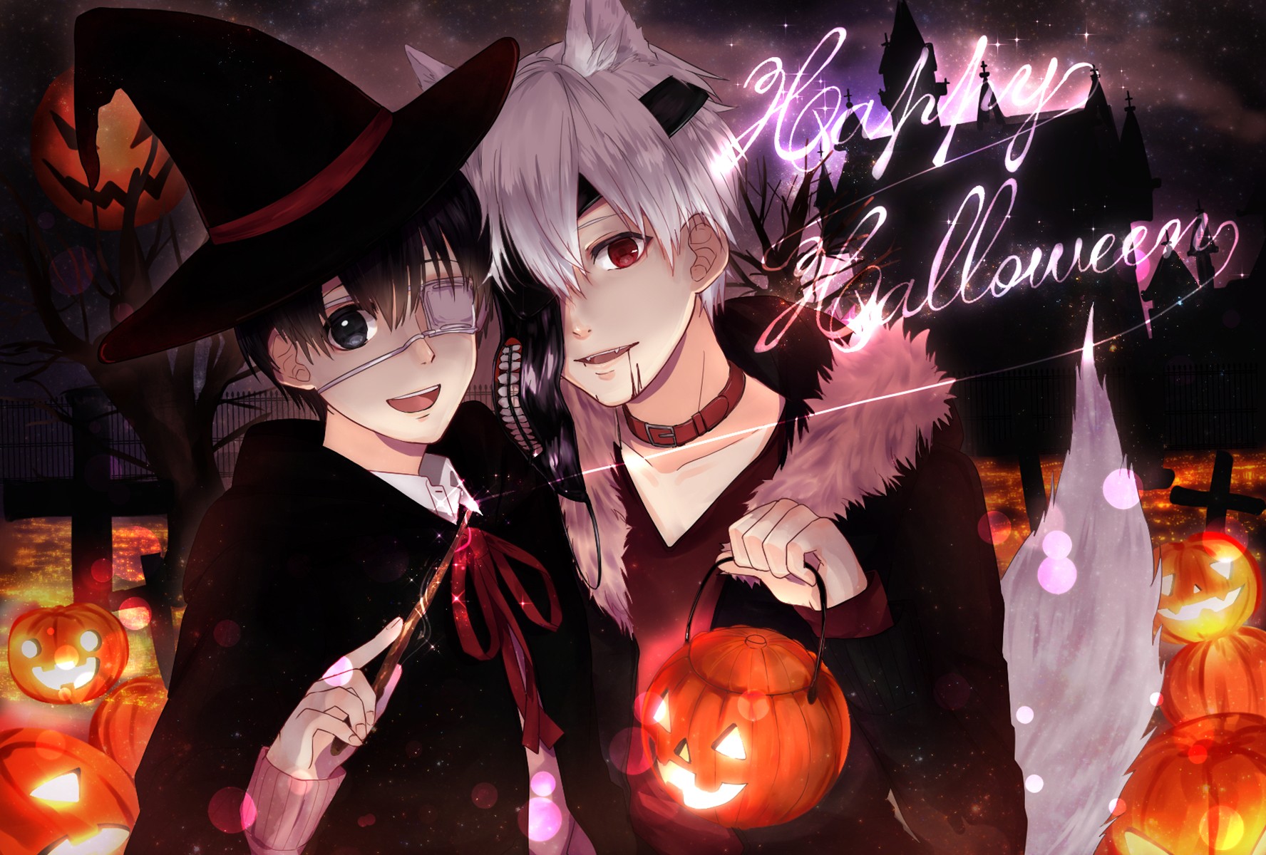 Anime 1776x1200 Halloween anime eyepatches dark eyes red eyes looking at viewer pumpkin witch hat