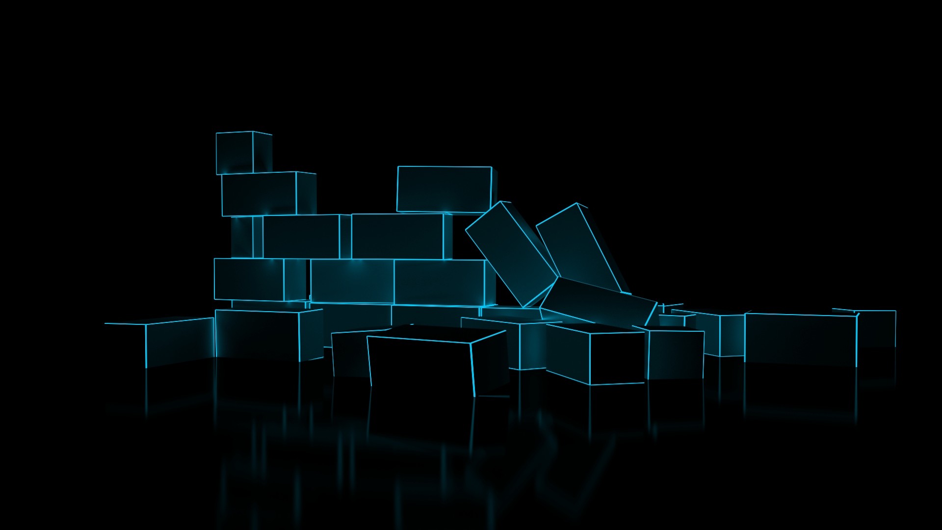 General 1920x1080 digital art CGI bricks glowing reflection black background neon cyan 3D blocks