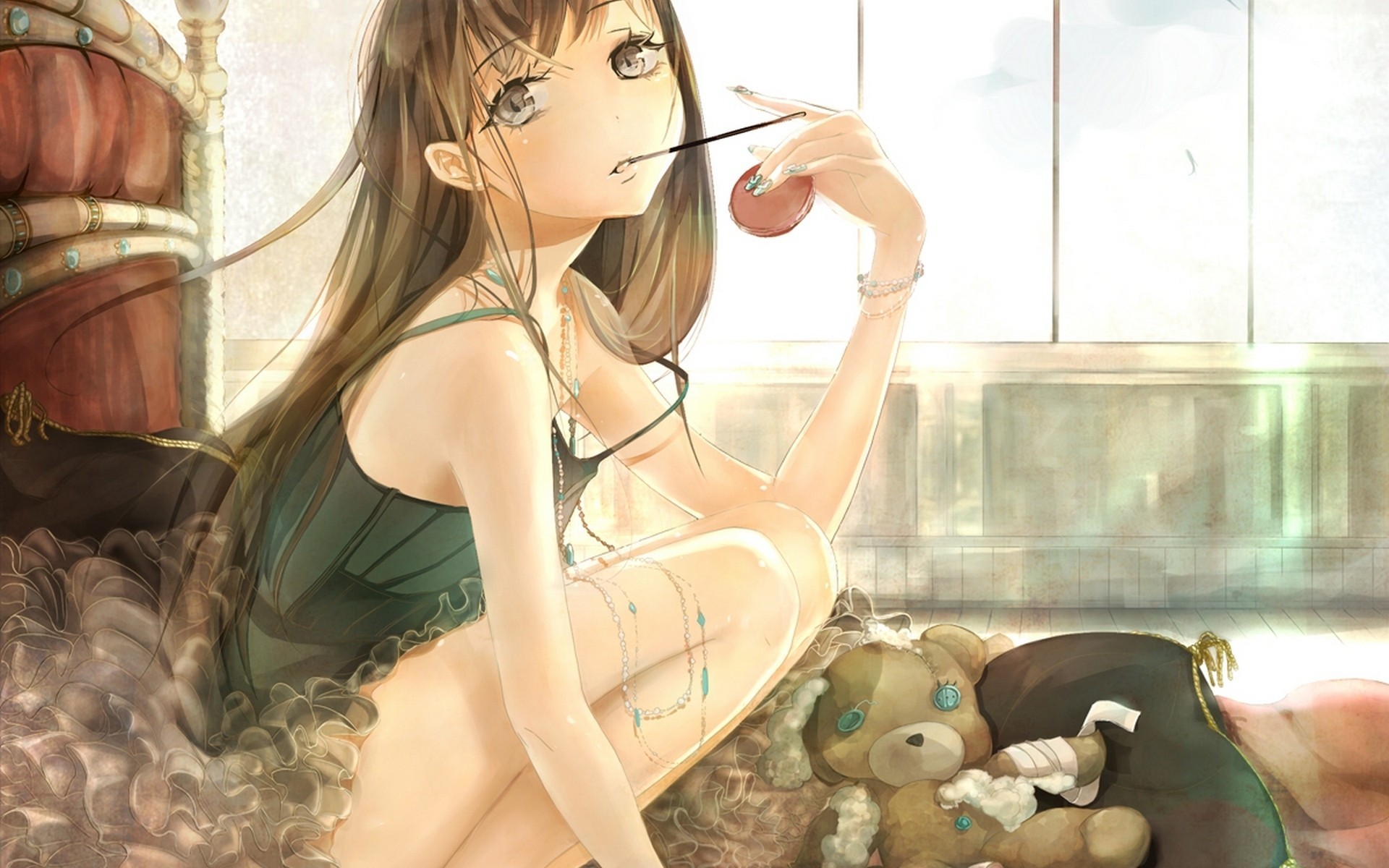 Anime 1920x1200 original characters Pocky teddy bears long hair anime girls Keepout women indoors indoors brunette anime plush toy