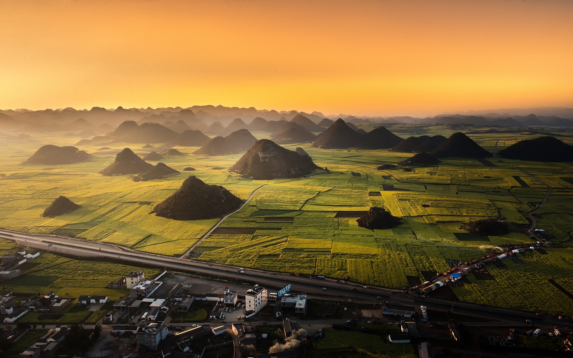 General 1920x1200 landscape field aerial view China highway mountains mist town Asia Agro (Plants) orange sky sky sunlight