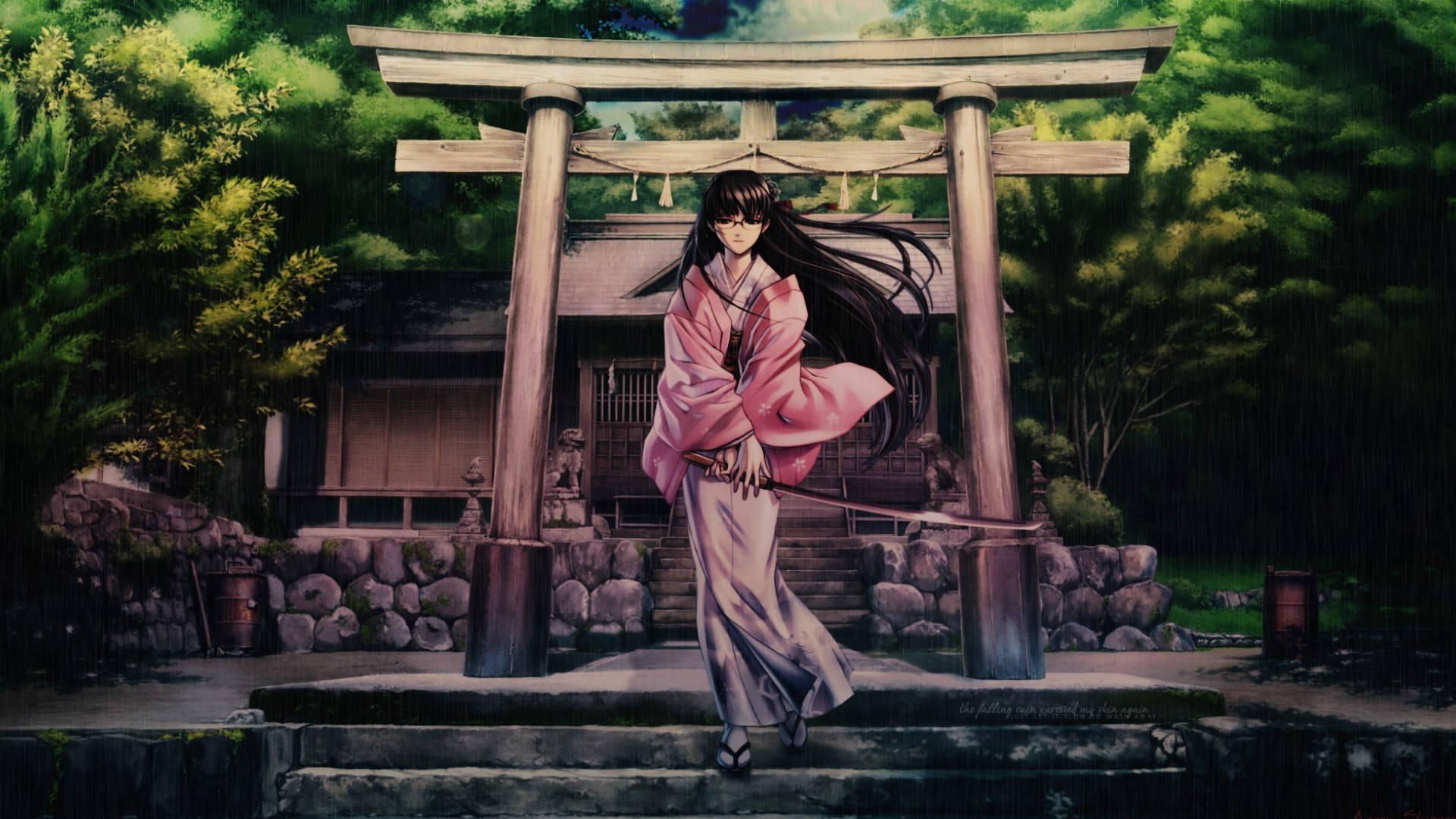 Anime 1920x1080 anime Black Lagoon anime girls sword katana Asia temple fantasy art fantasy girl weapon long hair women with swords