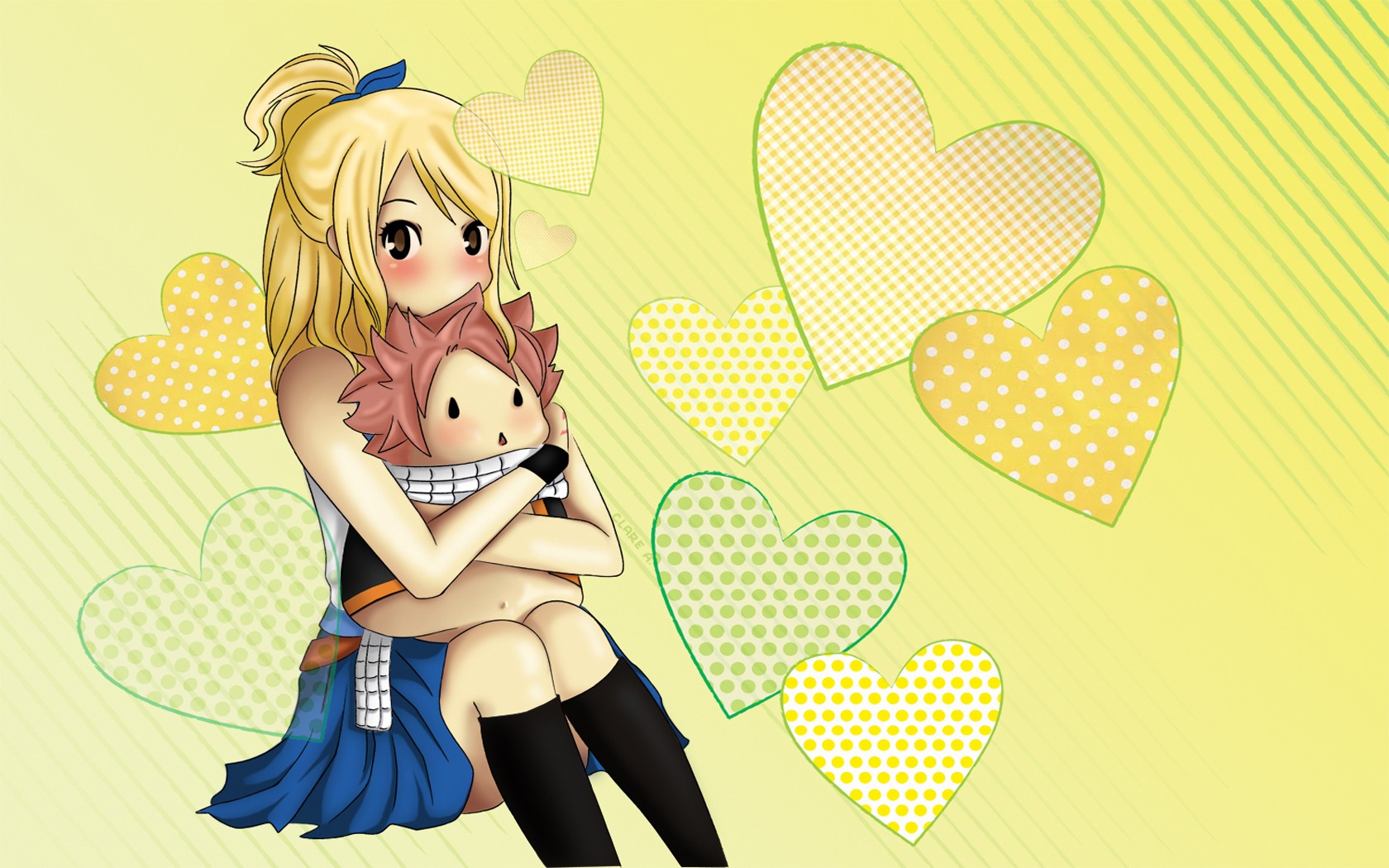 Anime 1680x1050 anime Fairy Tail Heartfilia Lucy  yellow yellow background anime girls heart (design) sitting knees together blonde