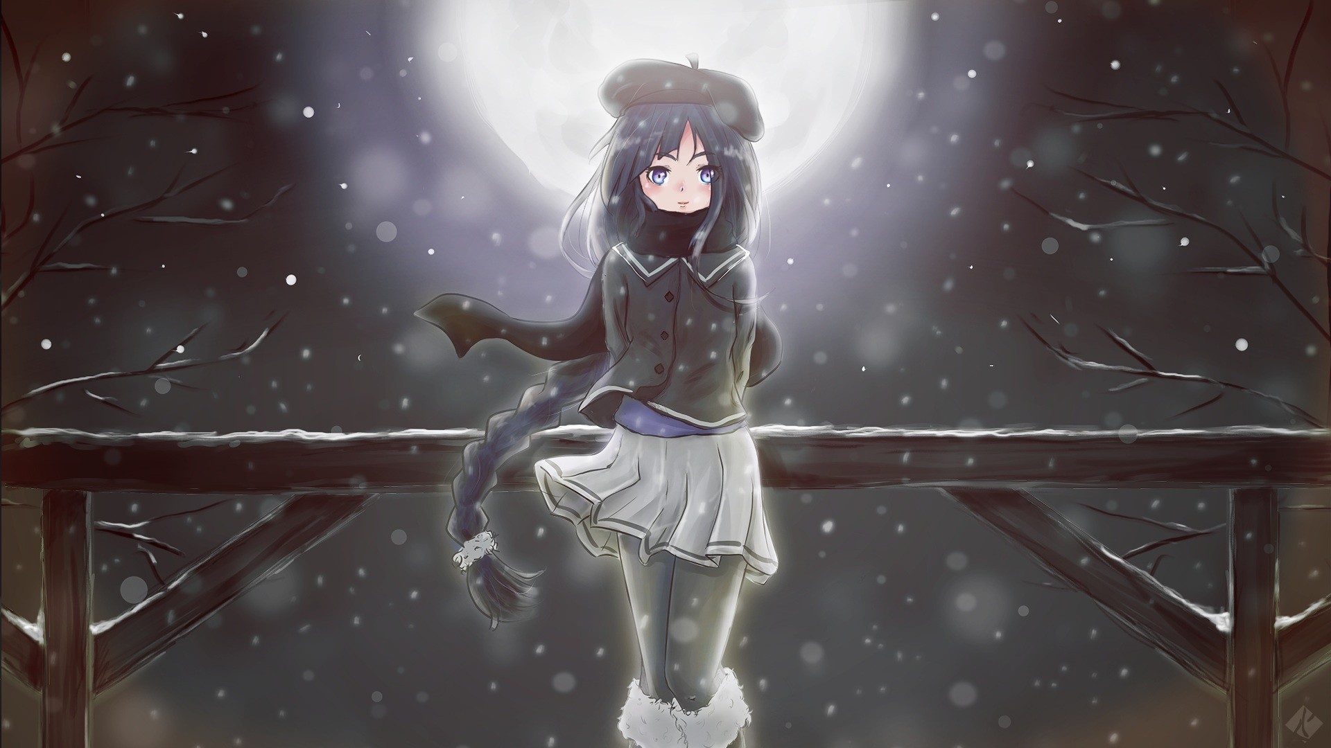 Anime 1920x1080 anime Vocaloid Alys anime girls dark hair blue eyes winter cold women outdoors long hair knees together hat women with hats Moon