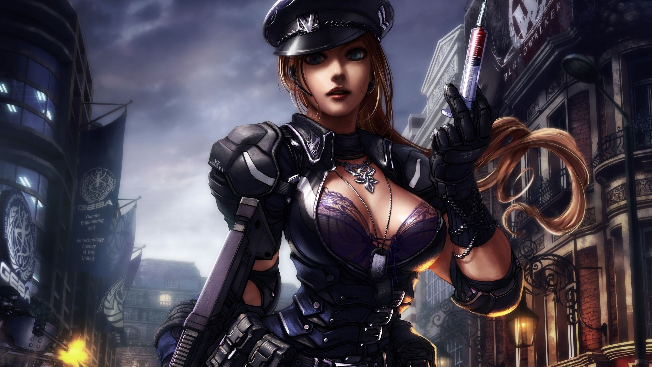 General 2560x1440 artwork women police futuristic cleavage boobs big boobs hat women with hats long hair uniform digital art parted lips needles looking at viewer clouds sky necklace flag building girls with guns gun