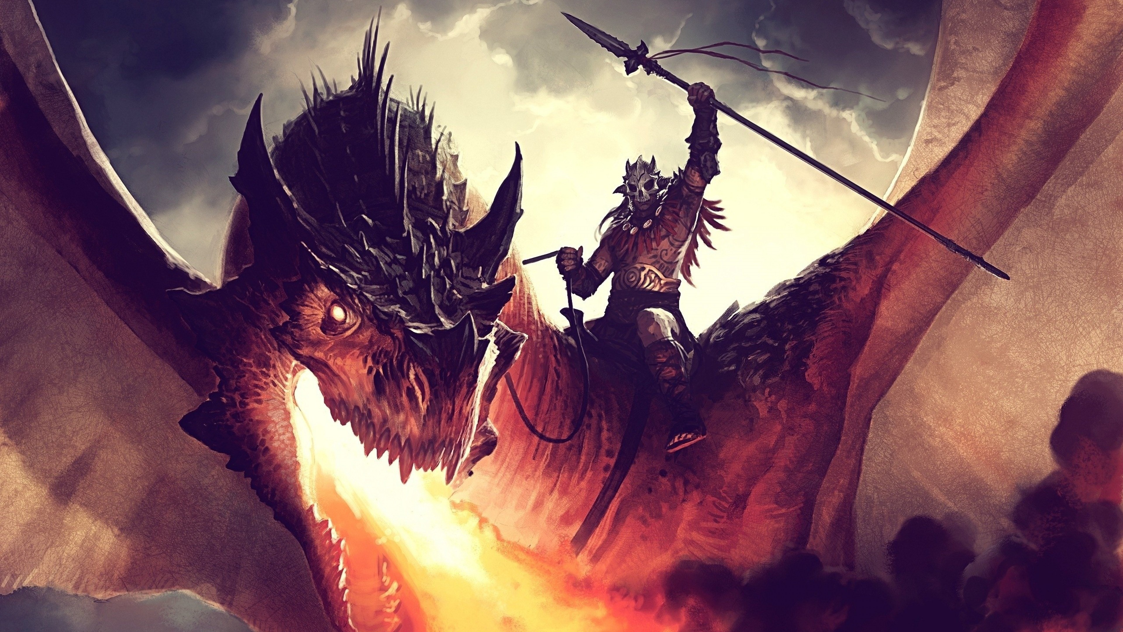 General 3840x2160 artwork digital art fantasy art dragon warrior creature weapon spear fire glowing eyes