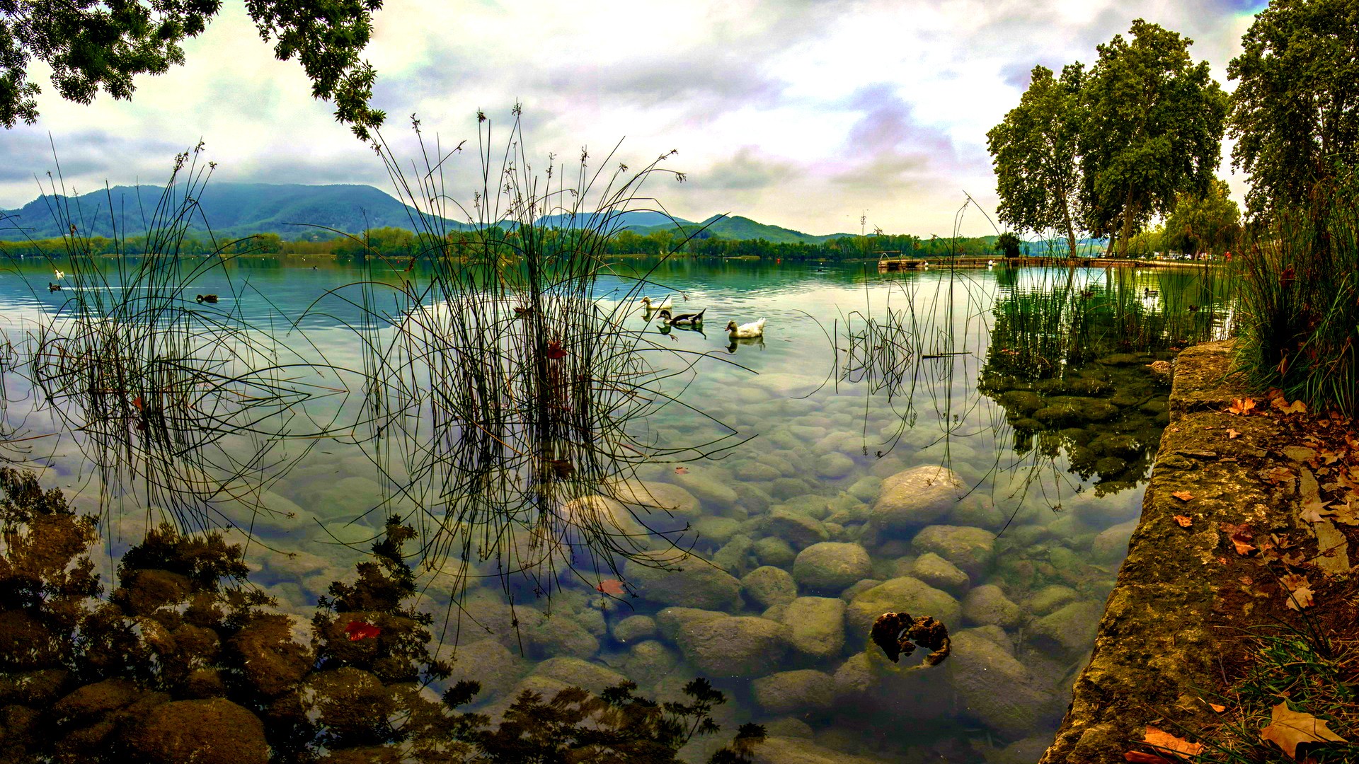 General 1920x1080 nature trees landscape water lake hills clouds stones pier reflection leaves