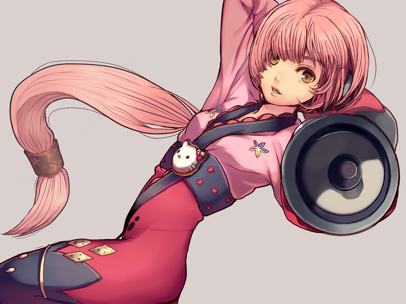 Anime 1600x1200 anime girls Vocaloid simple background long hair bangs ponytail hair ornament pink hair brown eyes bodysuit Japanese clothes Hello Kitty speakers anime looking at viewer