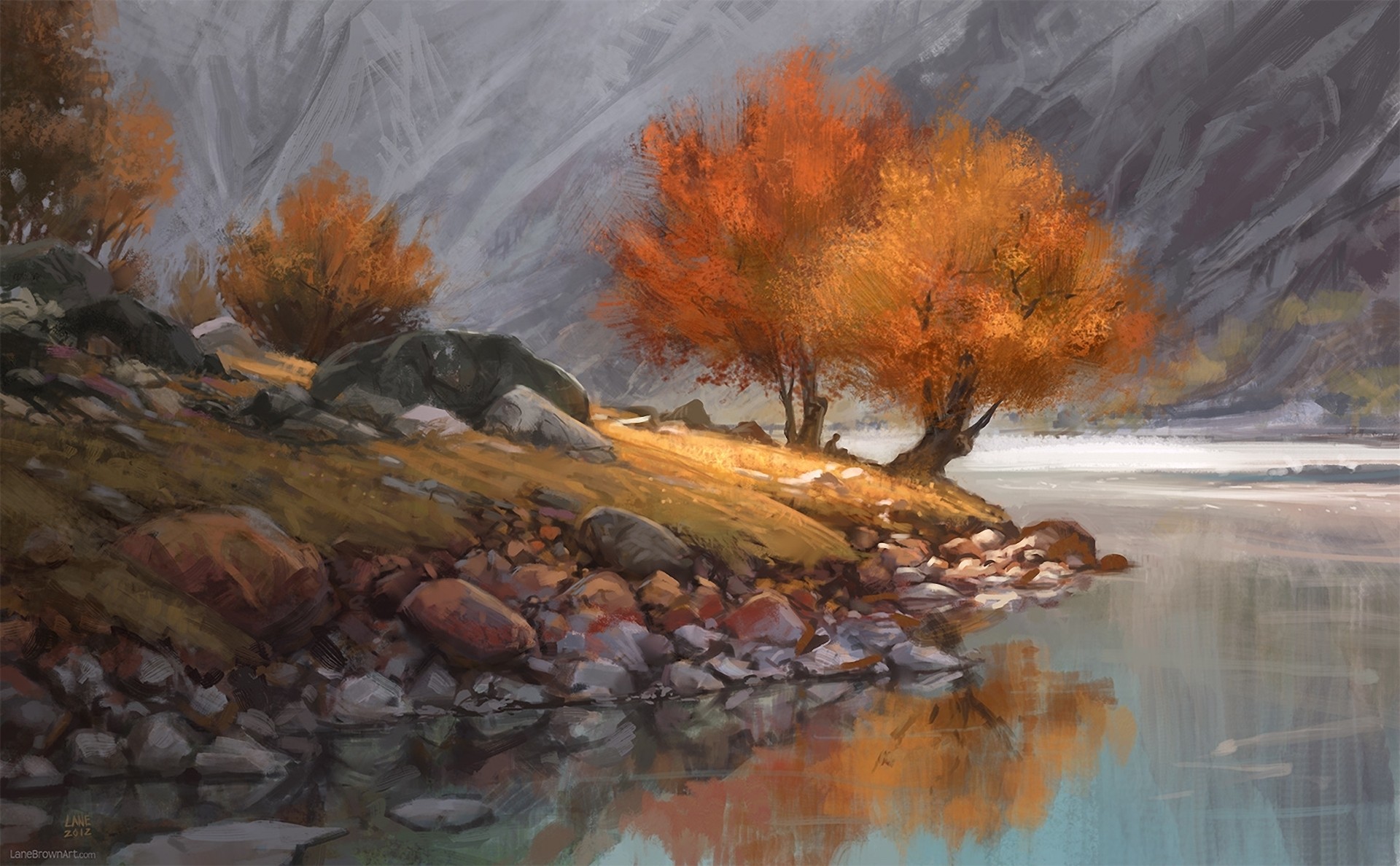 General 1920x1188 artwork river reflection nature painting fall