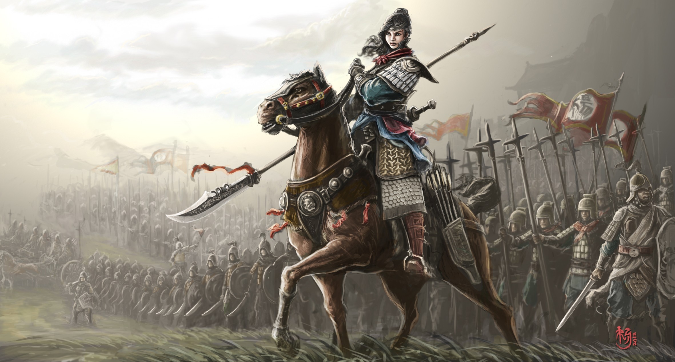 General 2362x1266 fantasy art fantasy girl artwork military spear horse women women with horse weapon armor dark hair army