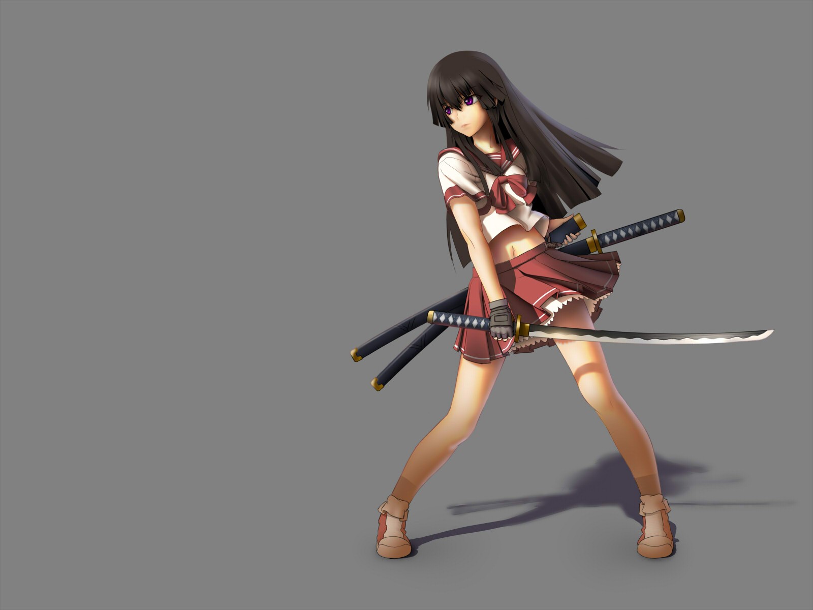 Anime 1600x1200 anime girls anime katana original characters simple background sword brunette women with swords weapon long hair gray background