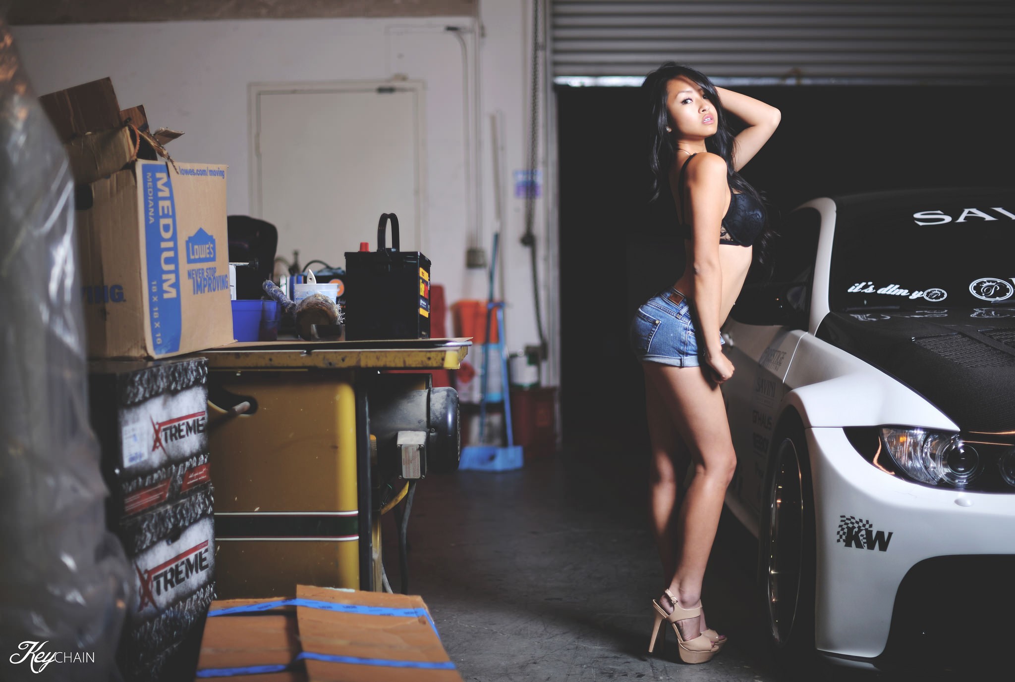 People 2048x1378 women Asian black bras jean shorts high heels car hand(s) in hair BMW ass Christy Truong BMW E92 BMW 3 Series women with cars heels dark hair standing vehicle looking at viewer Key Chain