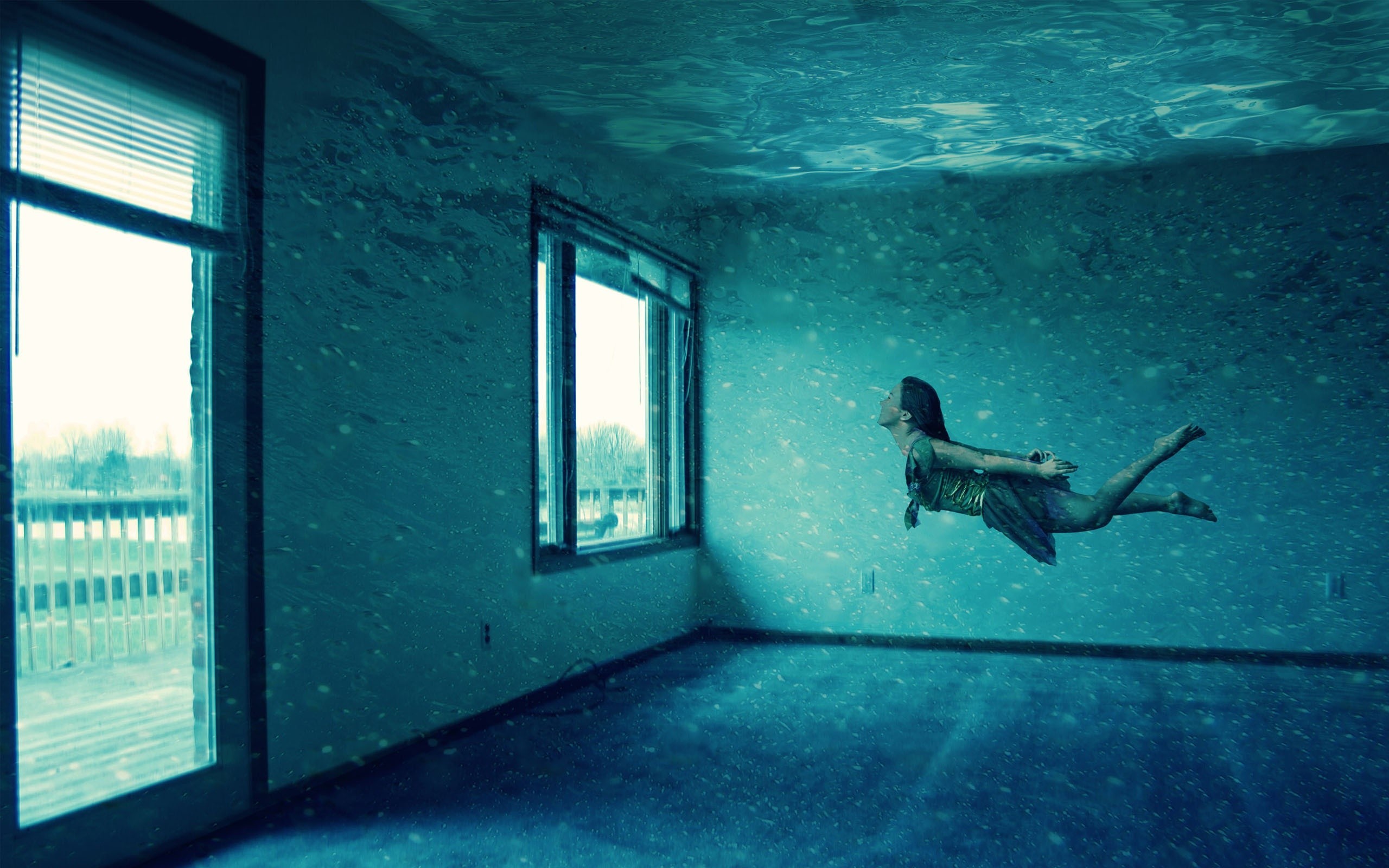 General 2560x1600 surreal swimming underwater water turquoise women indoors artwork blue women indoors model