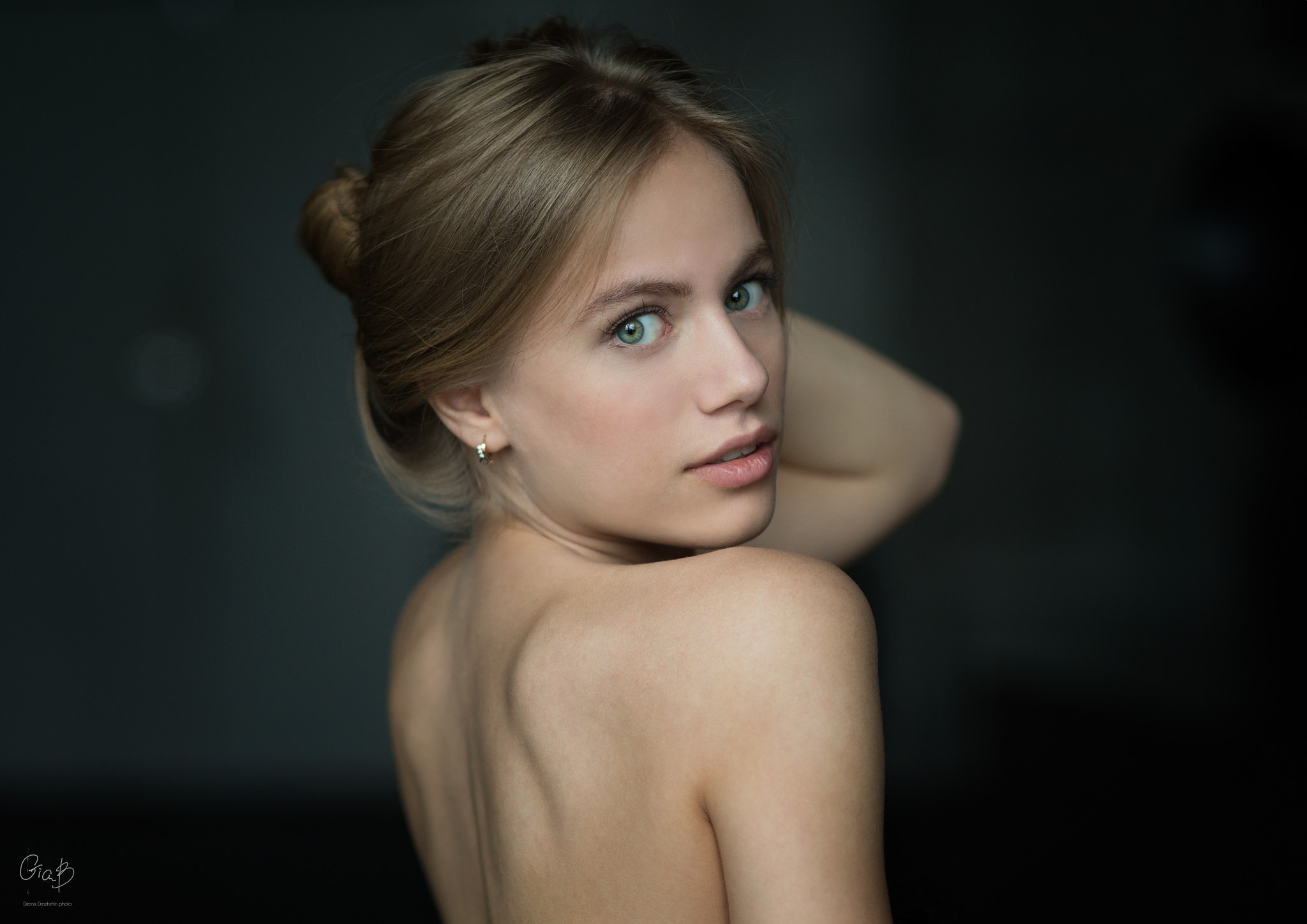 People 2048x1448 women model portrait Dennis Drozhzhin women indoors indoors looking at viewer Victoria implied nude closeup watermarked looking back bare shoulders green eyes looking over shoulder face blonde parted lips earring
