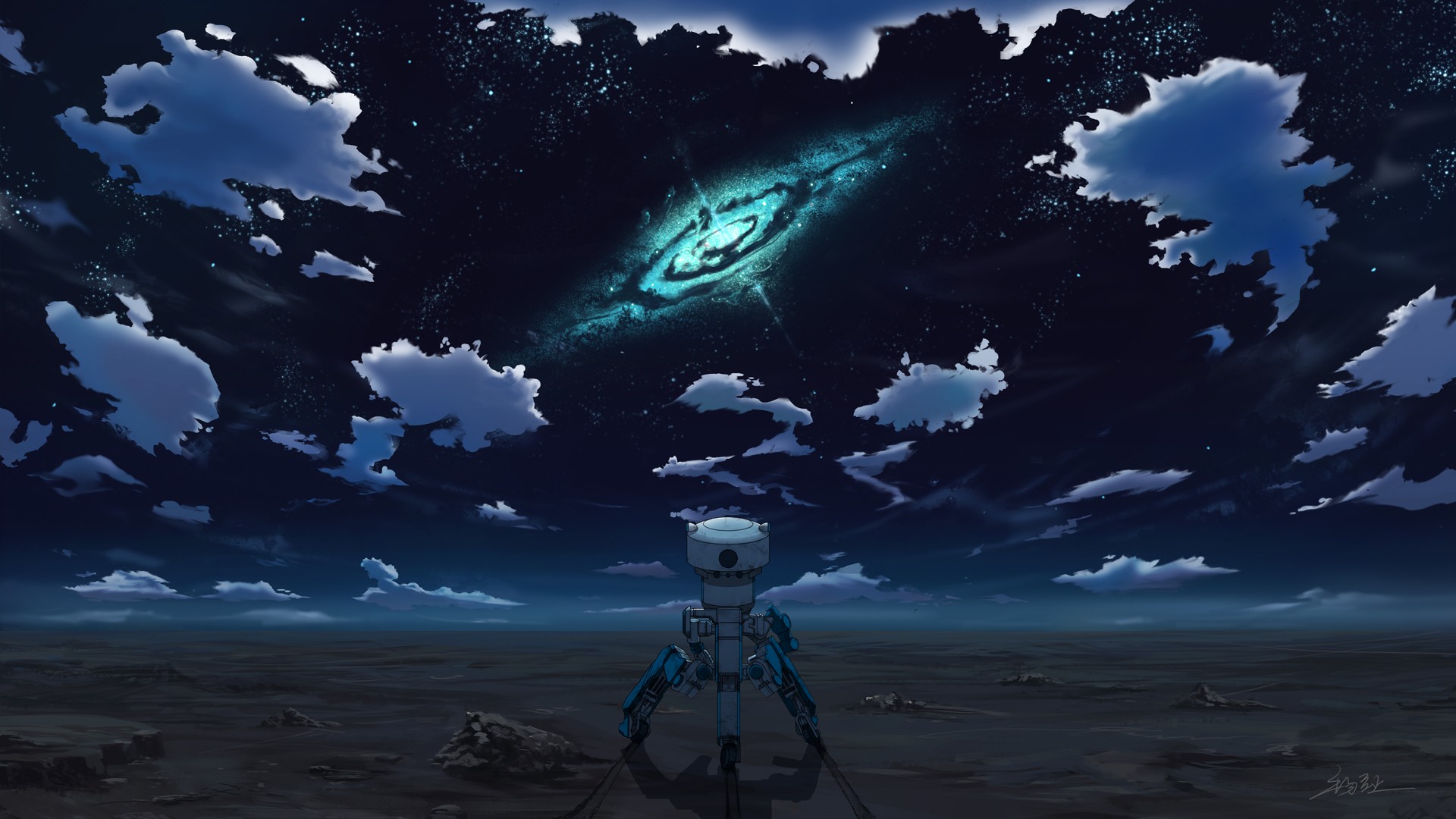General 1920x1080 night space Rakuen Tsuihou stars robot desert clouds Expelled From Paradise anime sky landscape