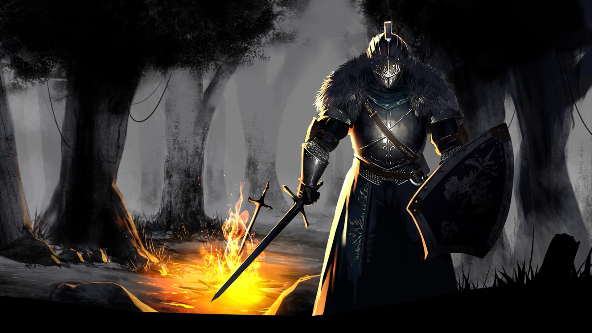 General 1920x1080 Dark Souls forest Dark Souls III fantasy art video games Dark Souls II video game art sword shield armor