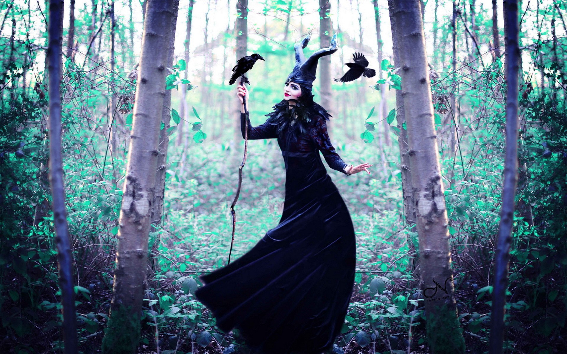 People 1920x1200 witch women cosplay spooky Maleficent cyan model fantasy girl trees dress black dress makeup women outdoors outdoors animals horns