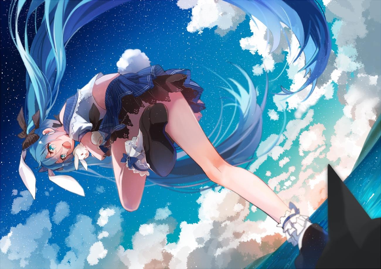 Anime 1300x918 manga anime girls anime miniskirt blue hair long hair legs open mouth sky stars clouds low-angle looking back worm's eye view tail